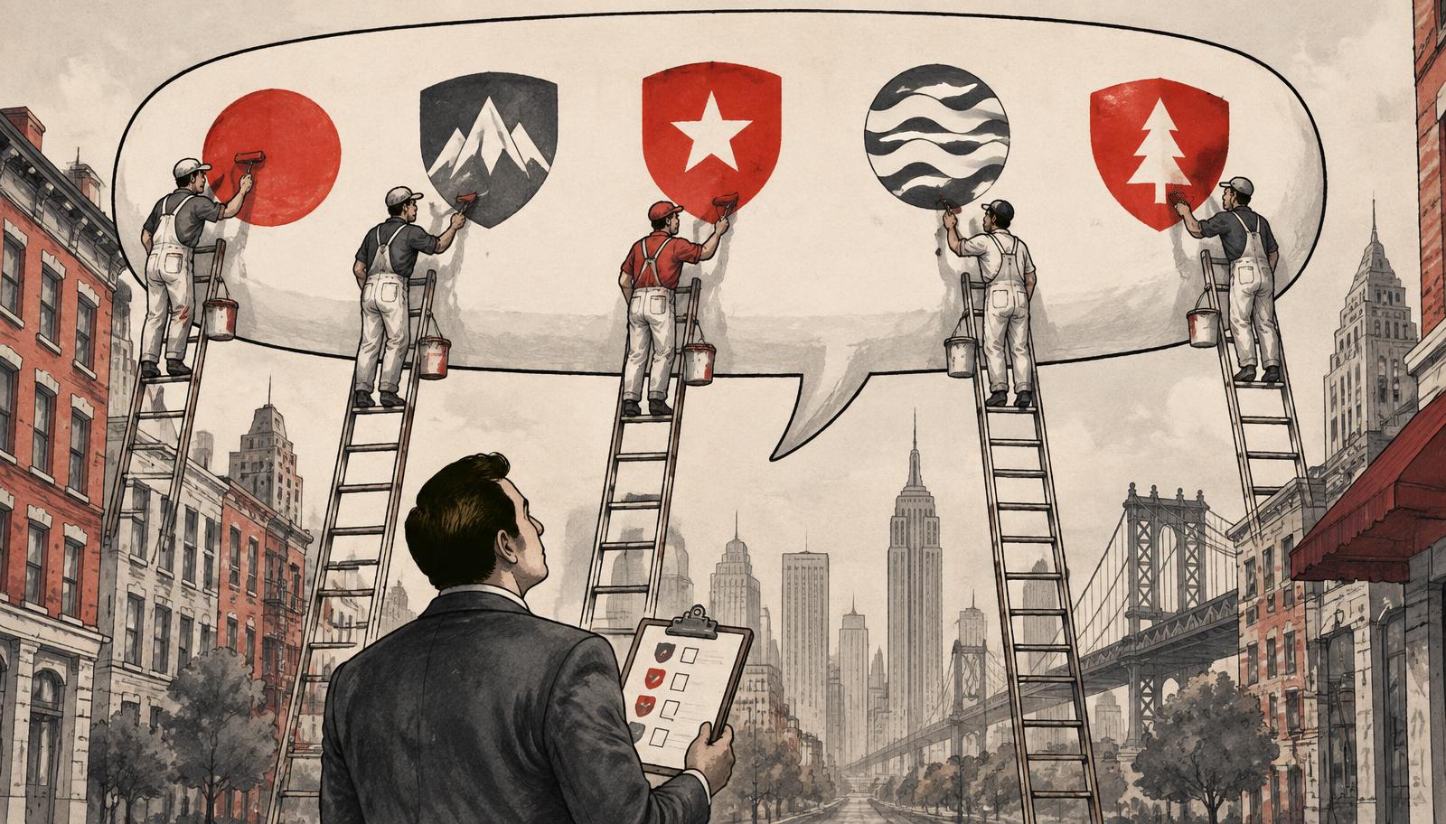 Editorial ink illustration of five sign-painters on ladders adding brand shields to a giant speech bubble above an American city street, while a buyer below looks up holding a shortlist clipboard.
