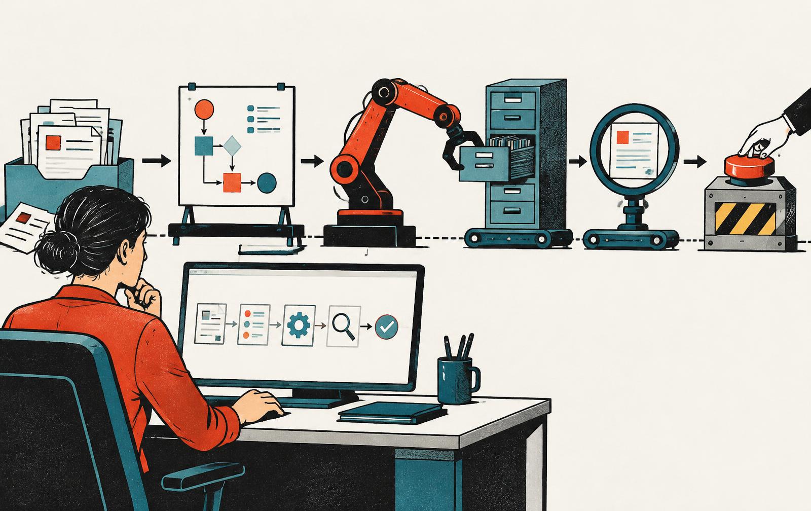 Original editorial illustration of a human operator overseeing documents, a planning board, a mechanical tool arm, an inspection lens and a stop switch.