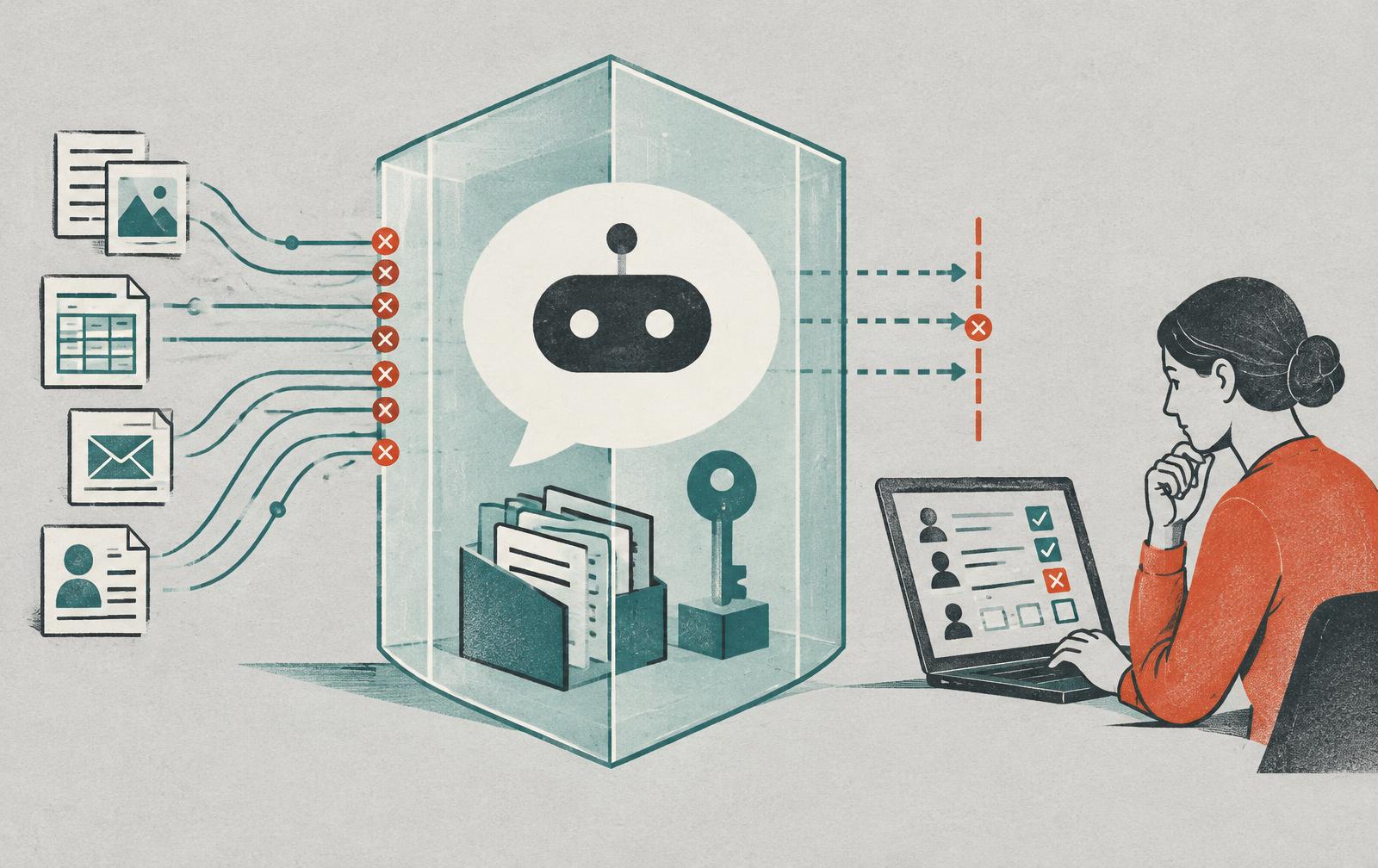 Original ink illustration of a chatbot inside a transparent boundary, documents and a key, and a person reviewing permissions on a laptop.