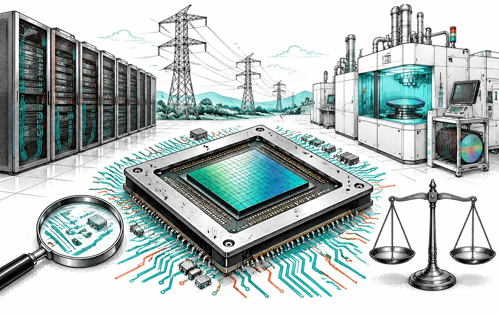 Original ink illustration of a large semiconductor package surrounded by server racks, fabrication equipment, power lines and a balance scale.