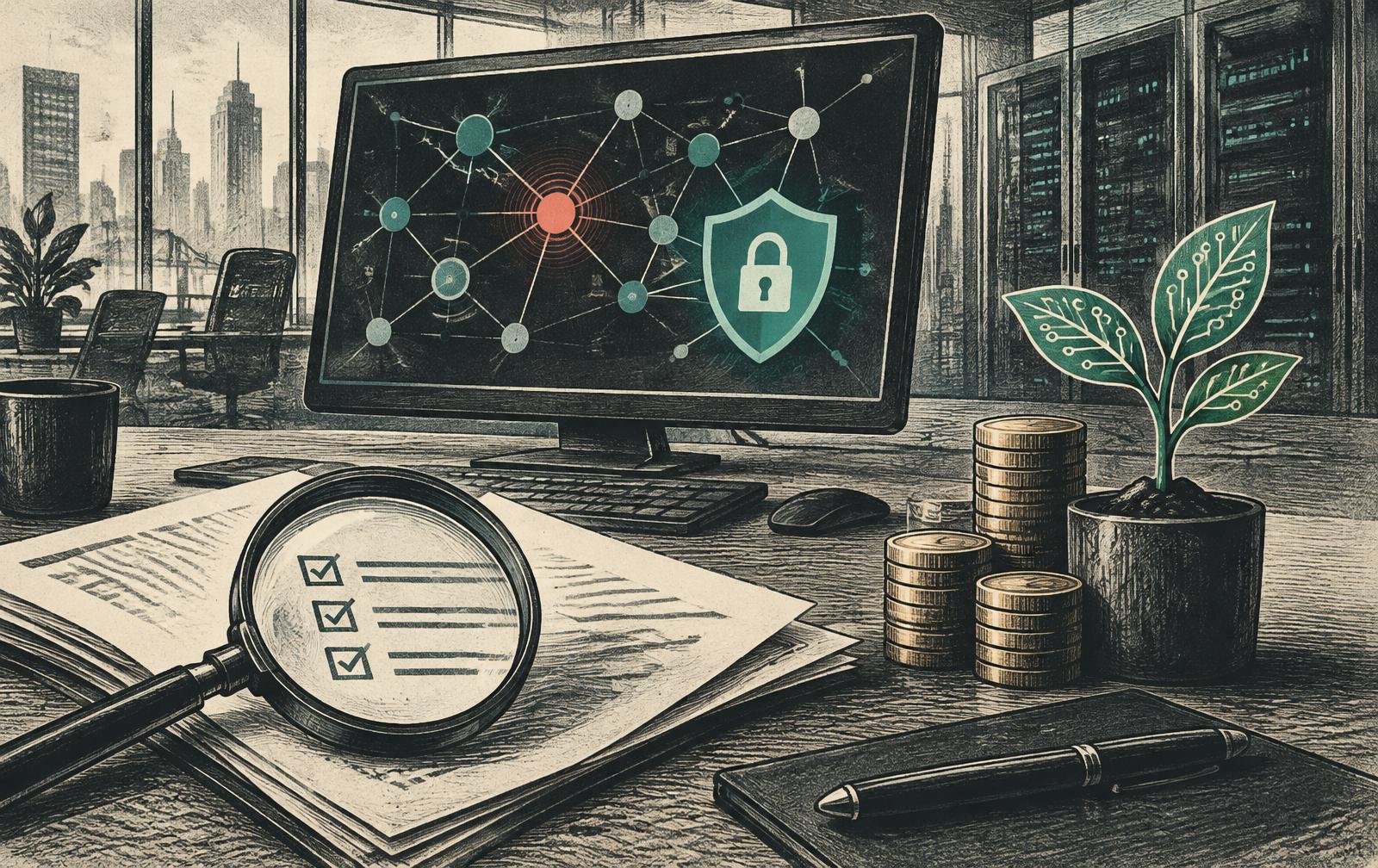 Editorial illustration of a cybersecurity workstation, a magnifying glass over audit documents and investment coins beside a circuit-board plant.