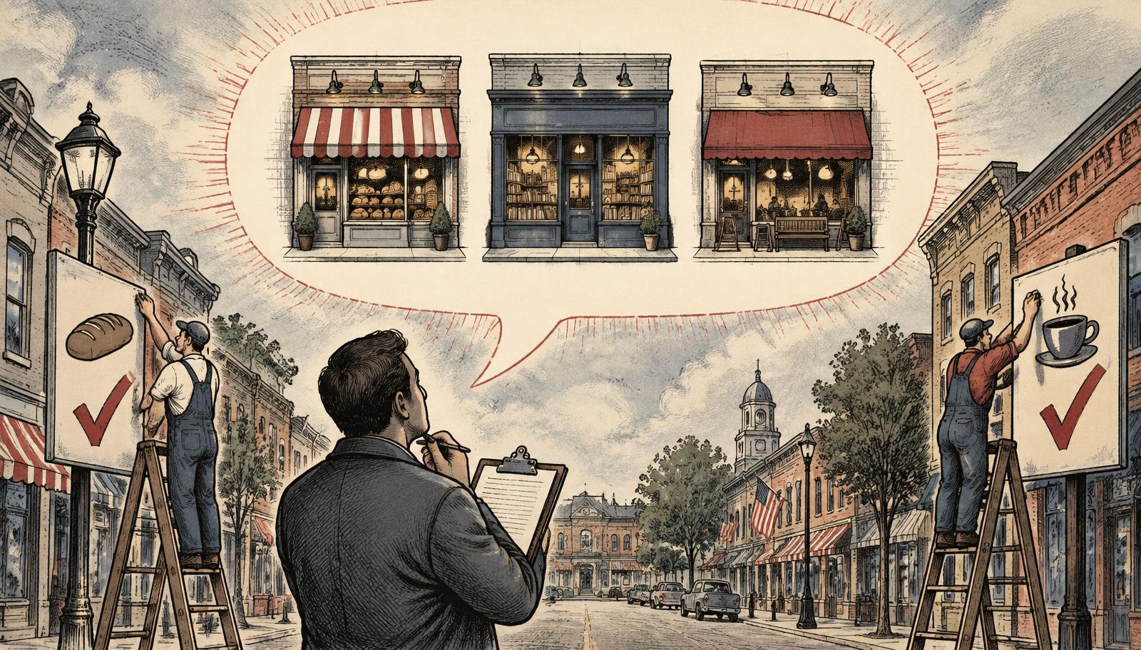 Editorial ink illustration of an American main street where a large speech bubble in the sky shows three shopfronts, while a buyer with a clipboard looks up and sign-painters adjust evidence boards on either side.