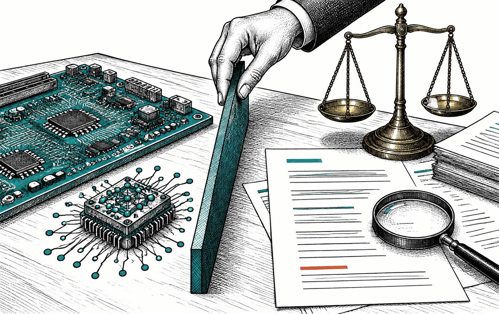 Original ink illustration of a circuit board, a neural computing module, legal documents, a balance scale and a hand placing a boundary divider.