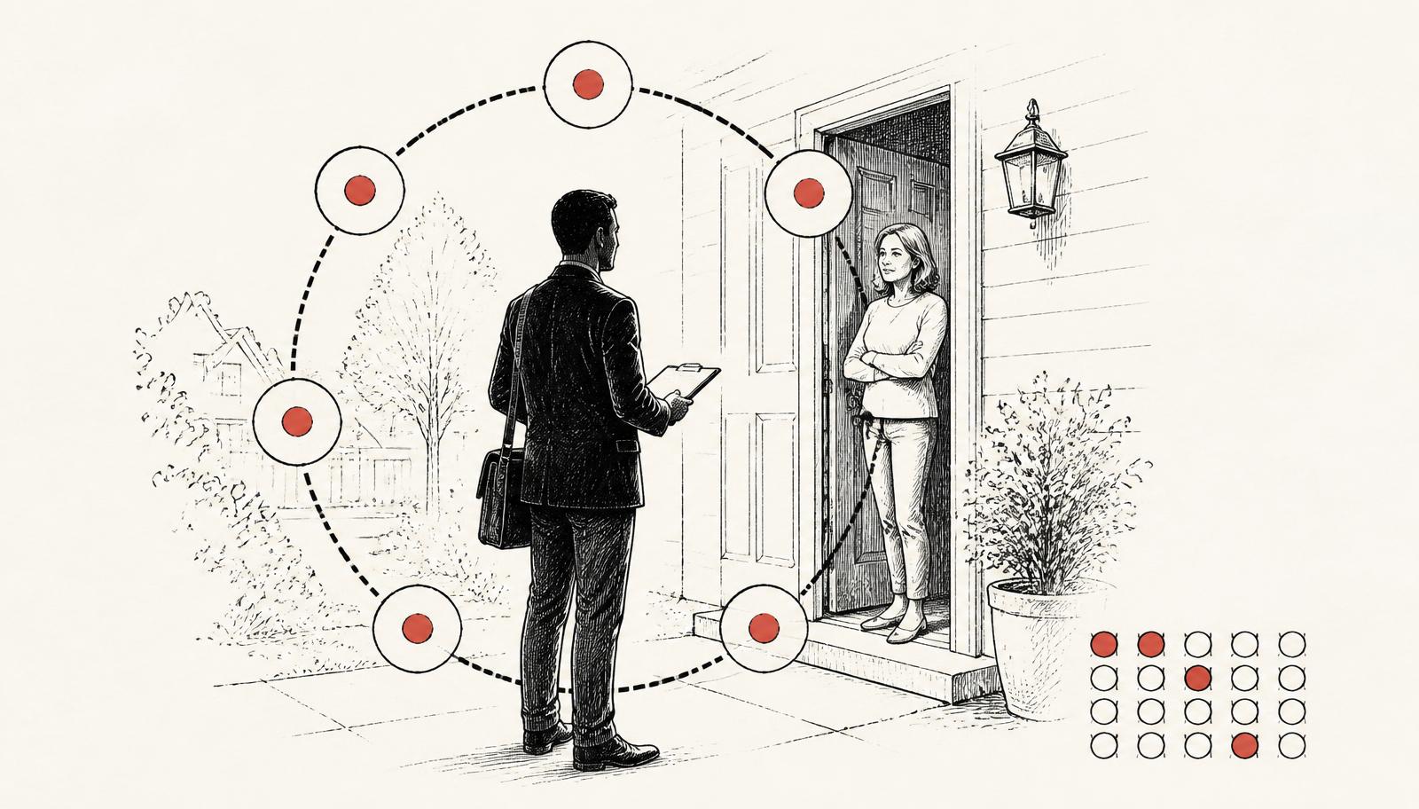 Editorial ink illustration of a field sales representative at a residential doorstep, overlaid with a seven-node circular loop diagram and a small grid of scoring dots.