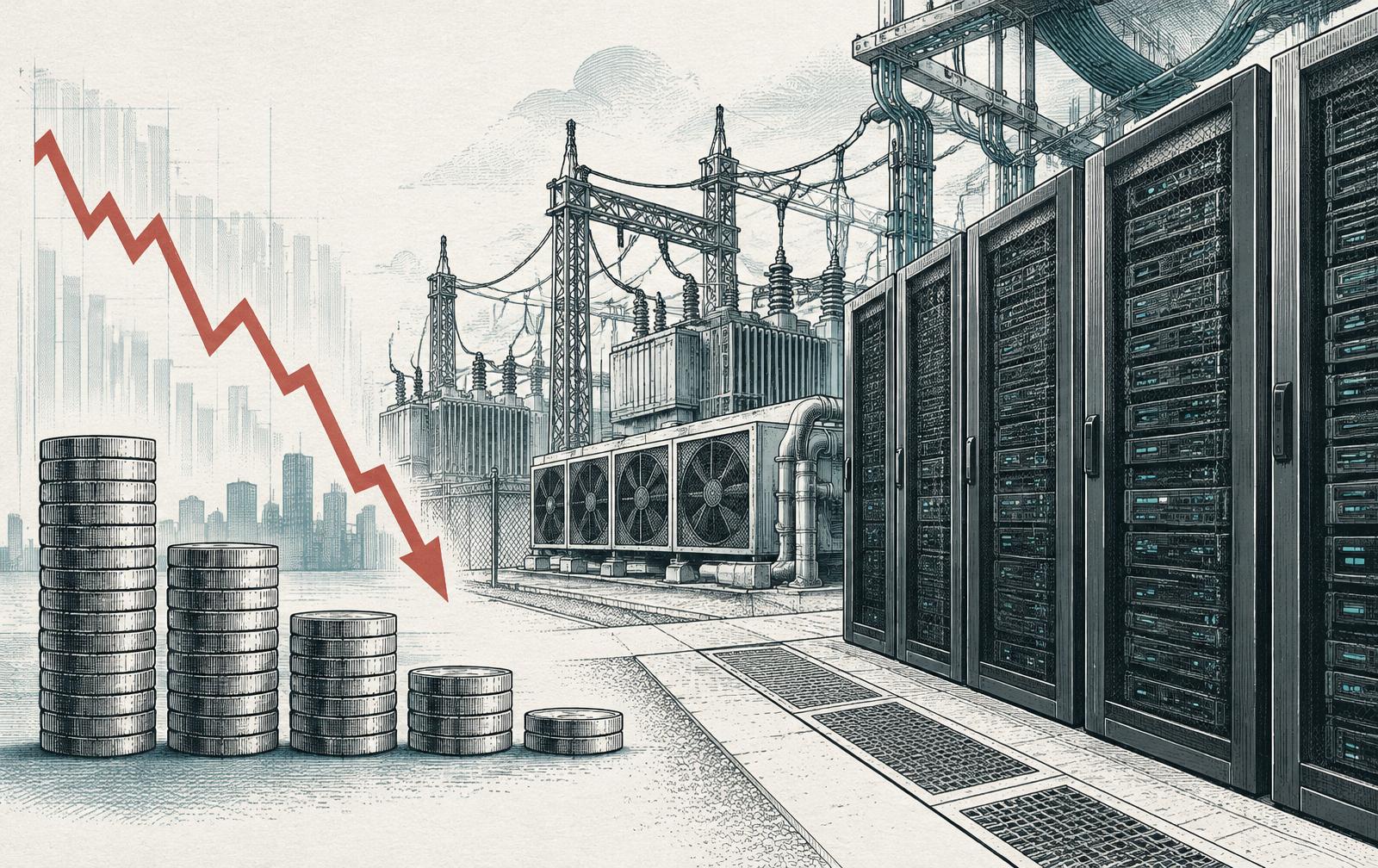 Editorial ink illustration of data-center servers, cooling equipment, electricity infrastructure and a descending red market line beside coins.