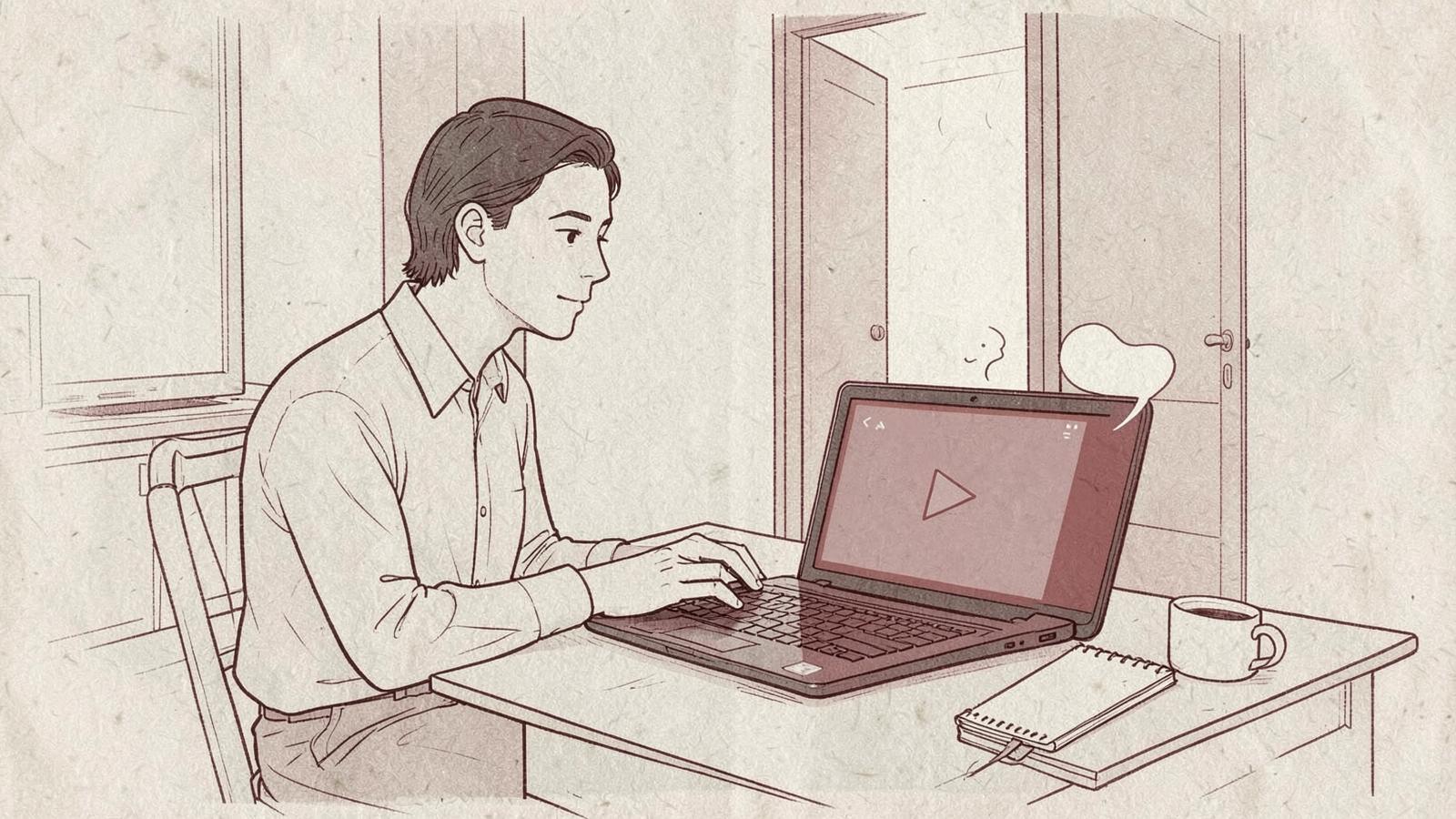 Editorial ink illustration of a sales rep watching a training video on a laptop at a kitchen table at night, coffee and notebook beside them, an open doorway behind.