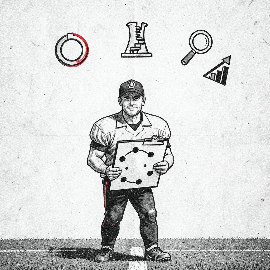 Editorial ink illustration of a coach on a sideline holding a clipboard marked with a simple seven-dot loop diagram, with small abstract icons floating above.