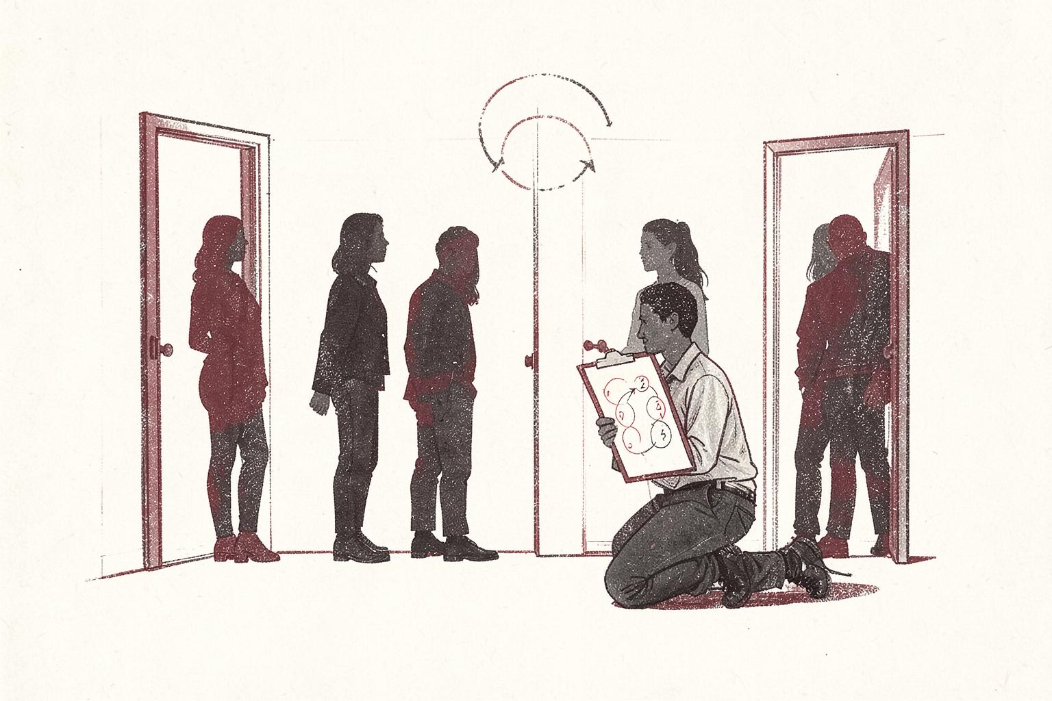 Editorial ink illustration of a sales coach kneeling beside doorway silhouettes, holding a clipboard marked with a simple seven-stage loop diagram.