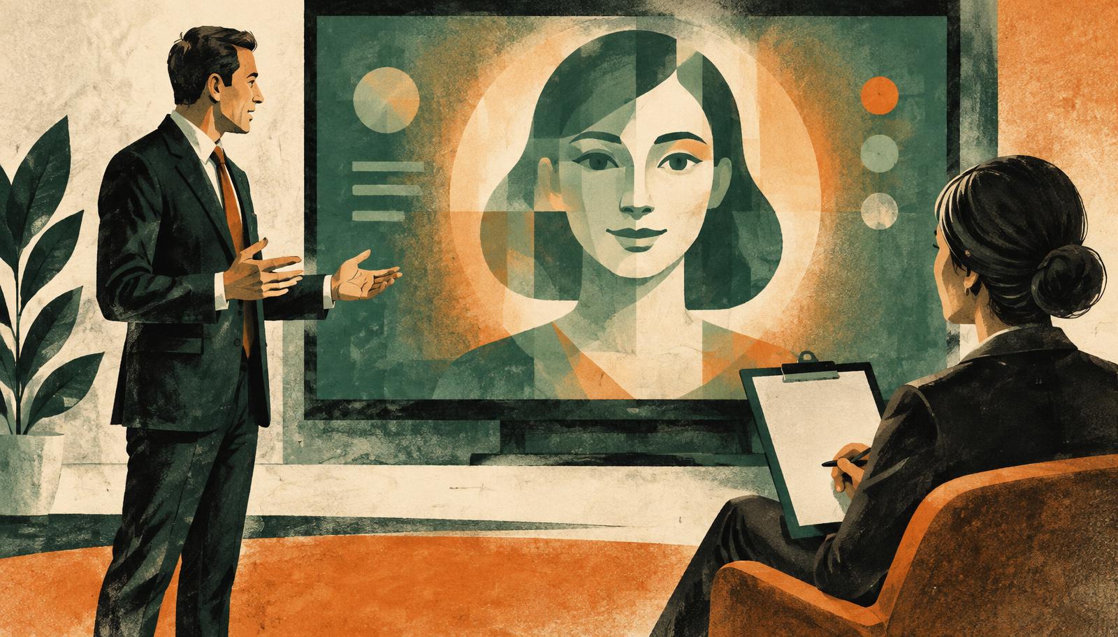 Editorial illustration of a sales representative rehearsing in front of a large screen showing a simulated customer, while a seated coach holds a blank scorecard.