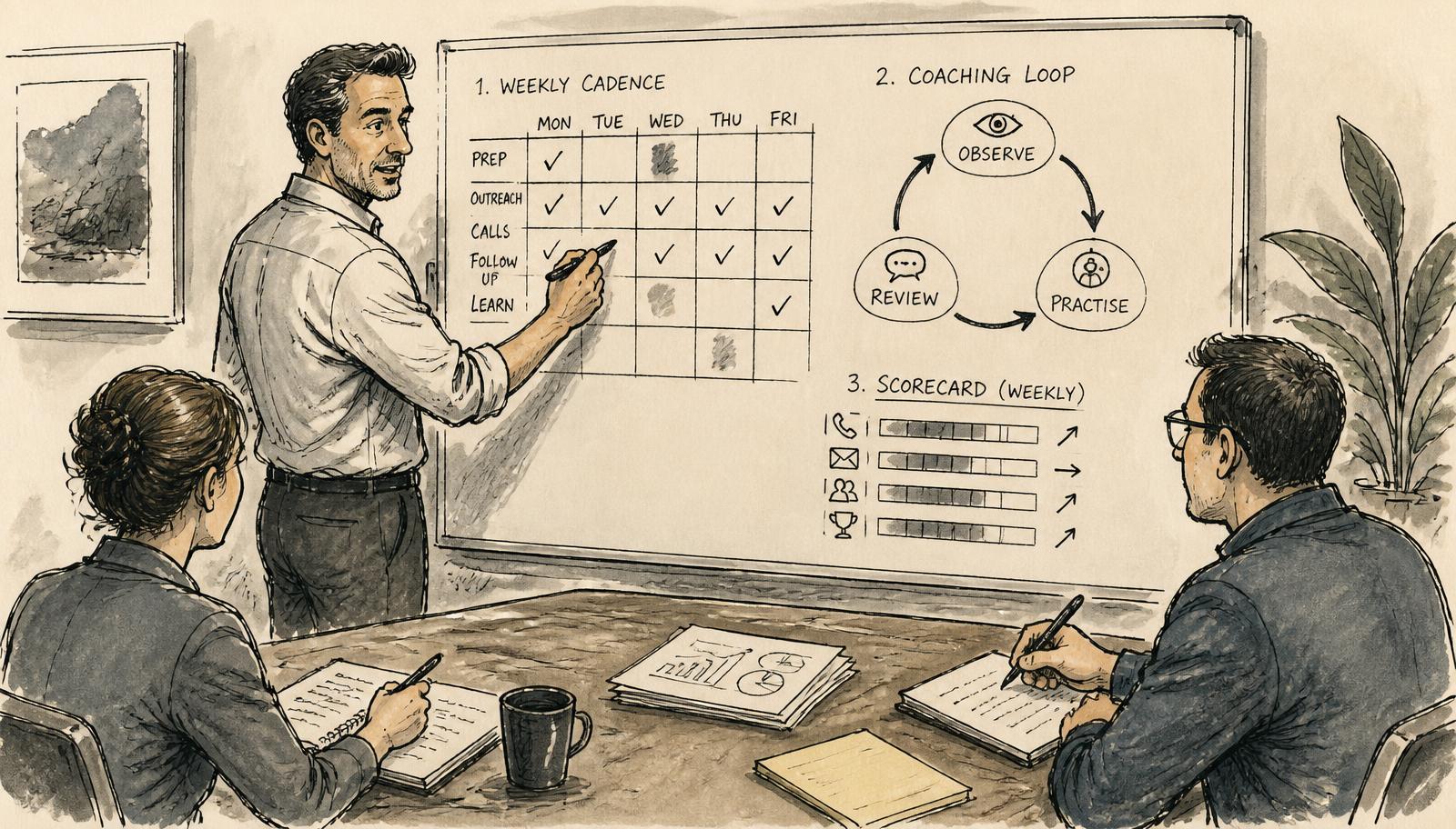 Editorial ink illustration of a sales manager at a whiteboard sketching a weekly coaching cadence, an observe-practise-review loop and a short scorecard, with two reps taking notes.