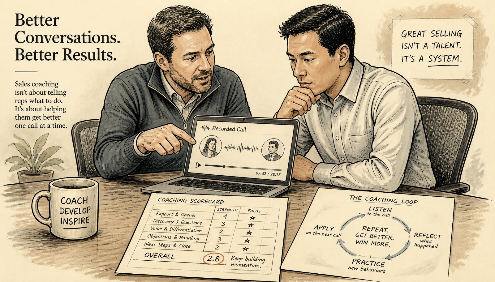 Editorial ink illustration of a sales manager and a rep reviewing a recorded call on a laptop, with a coaching scorecard and a repeating coaching loop sketched on paper beside them.