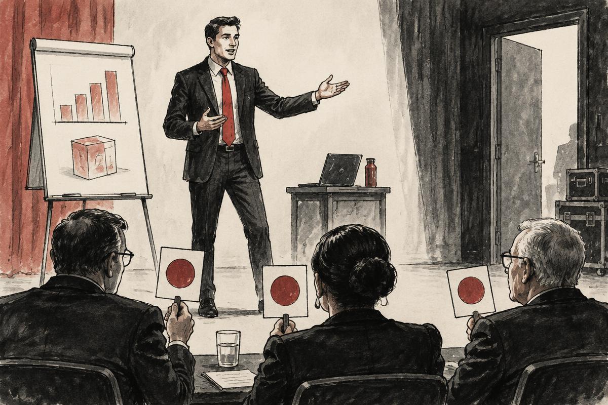 Editorial ink illustration of a sales representative rehearsing on a small stage while three seated observers hold up blank scoring cards, with an open doorway to one side.