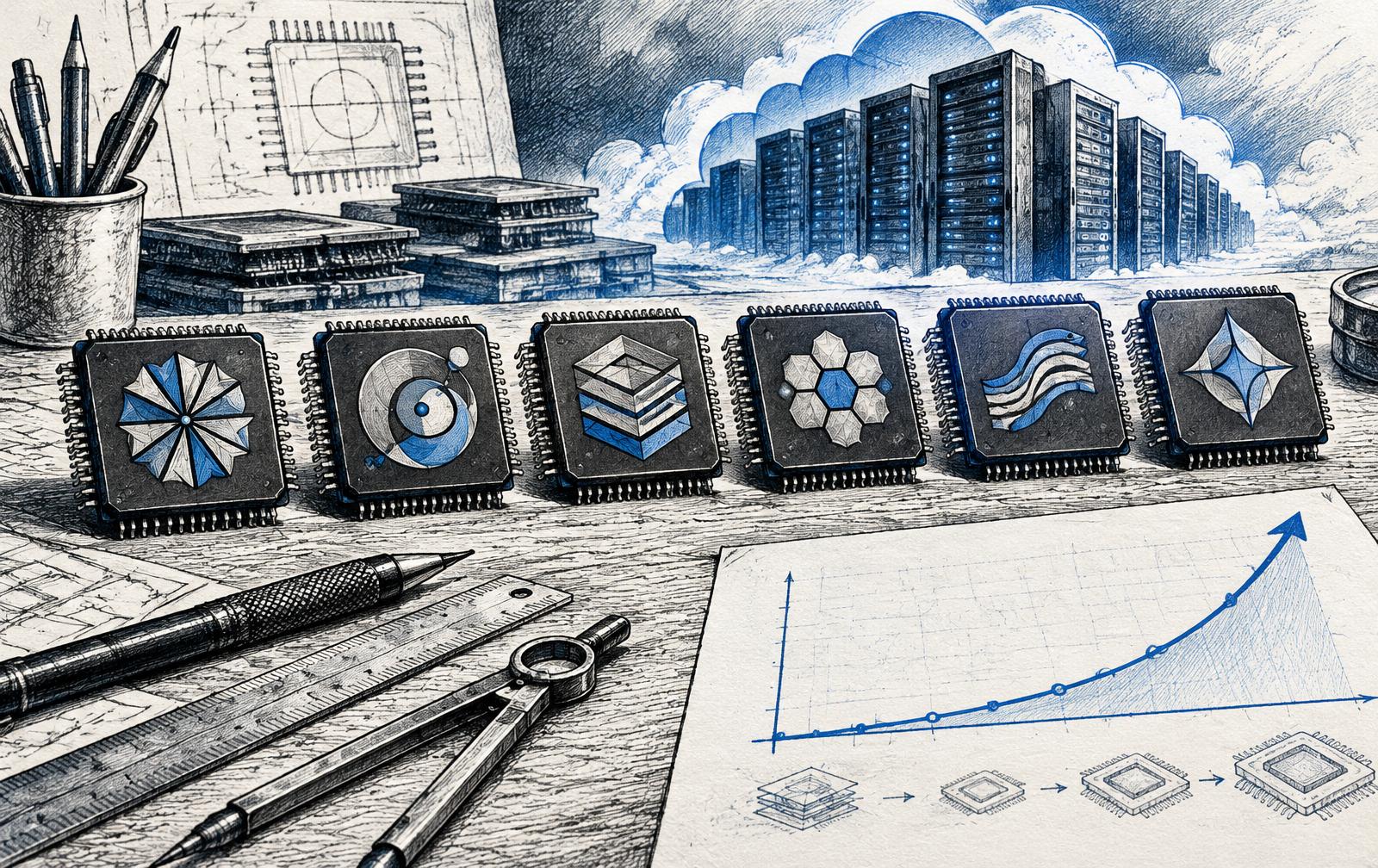 Original ink illustration of several custom silicon chips on a workbench with drafting tools, a rising cost curve and cloud server racks in the background.