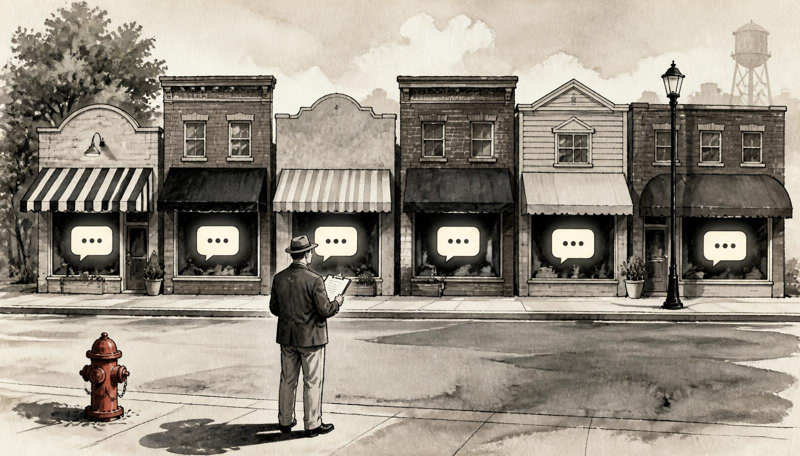 Editorial ink illustration of an American main street where six shopfront windows each glow with a chat answer bubble, and a buyer with a clipboard stands in the road comparing them.