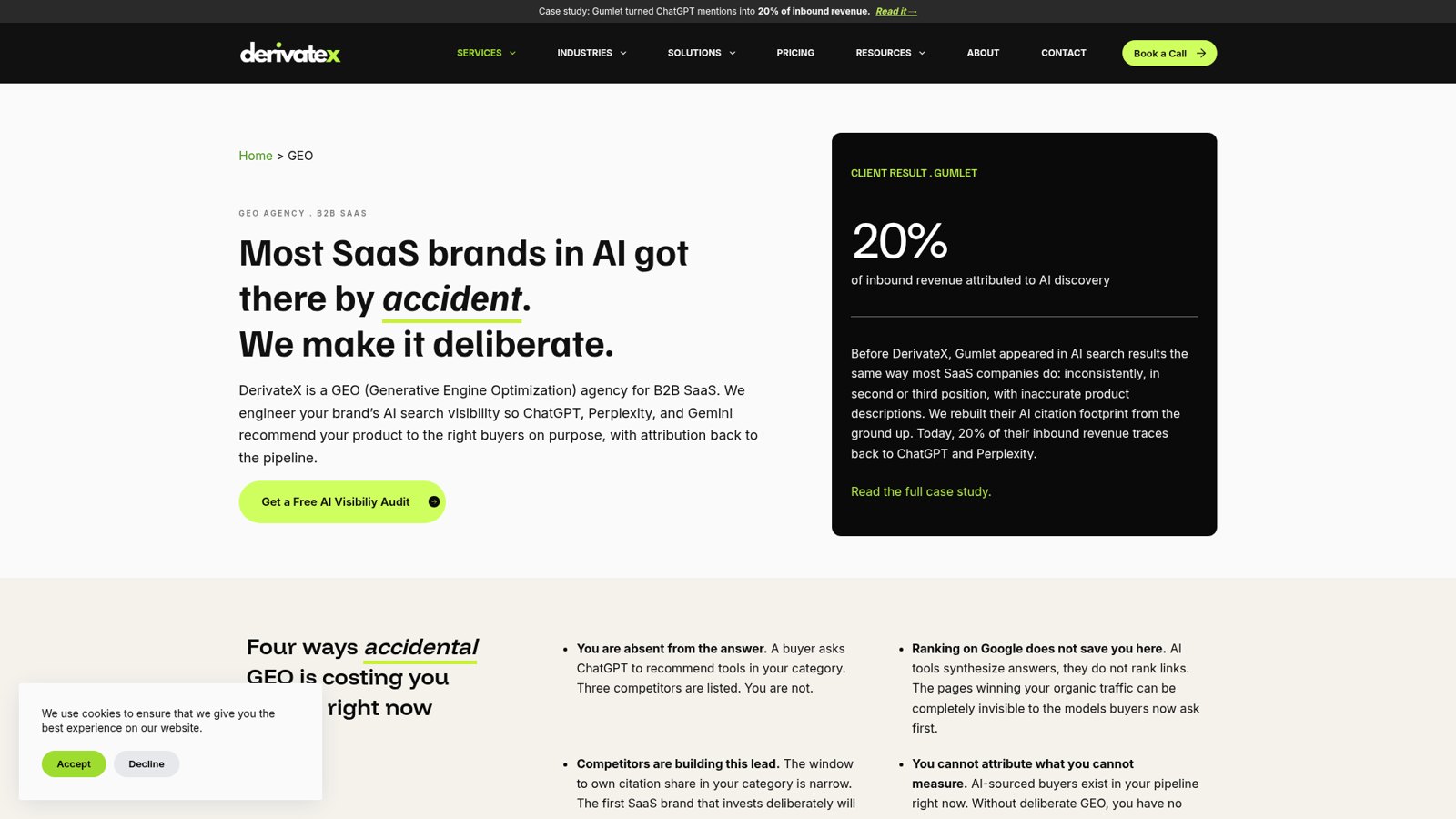 Screenshot of the DerivateX GEO agency page reading “Most SaaS brands in AI got there by accident. We make it deliberate.”