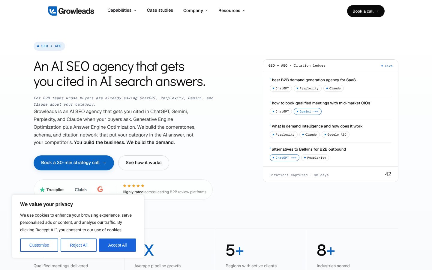 Screenshot of the Growleads GEO and AEO service page.