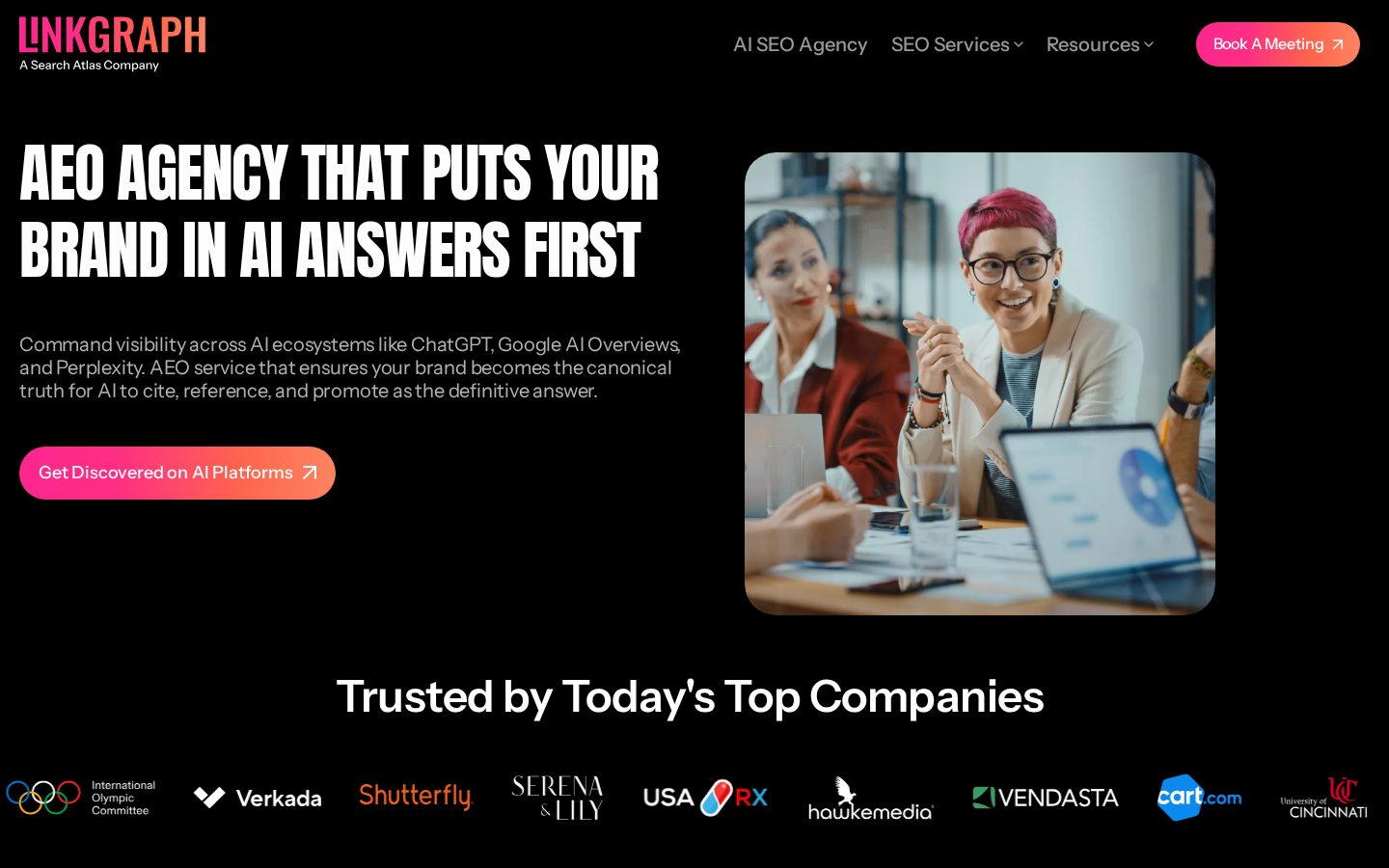 Screenshot of the LinkGraph AEO agency page.