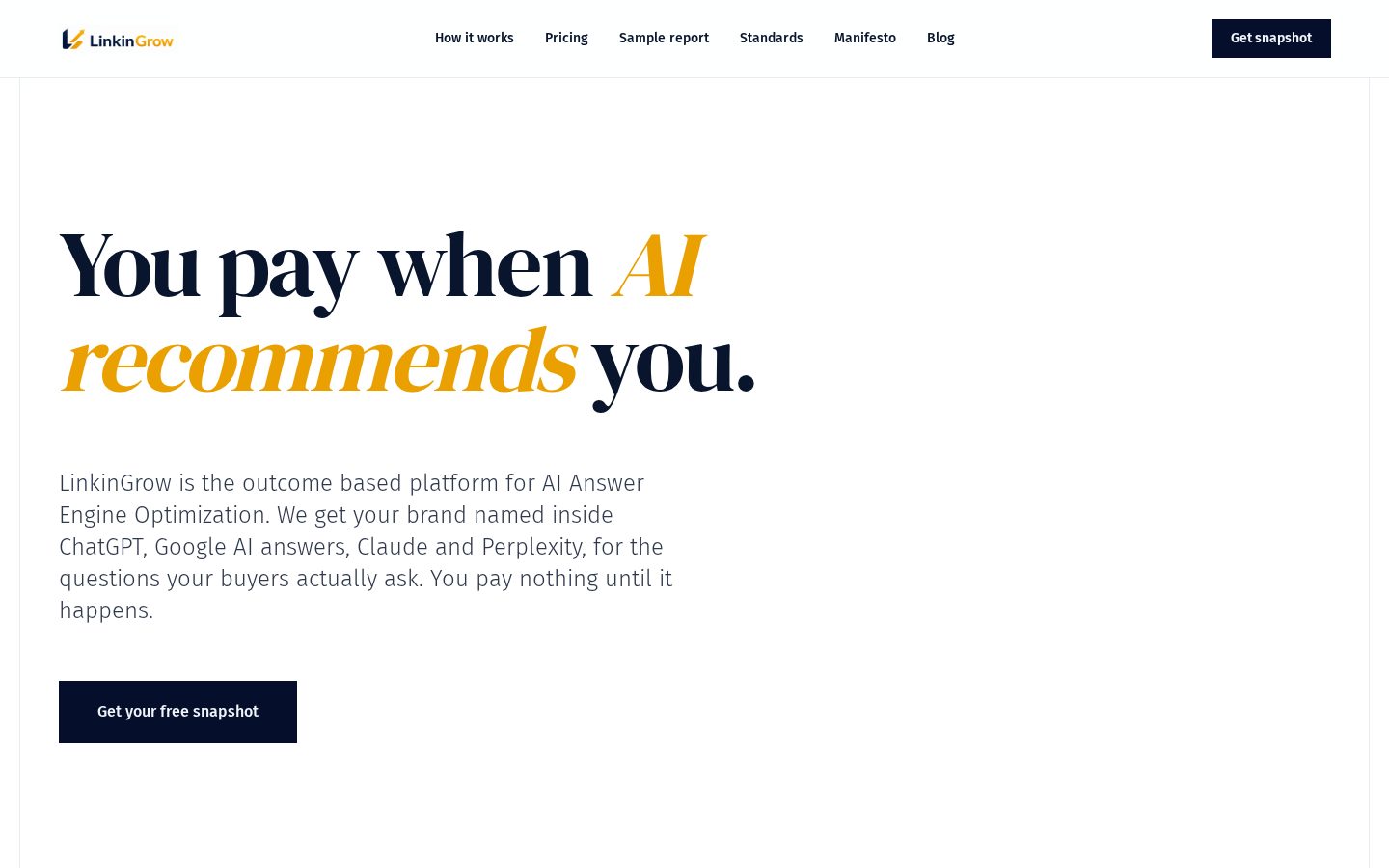 Screenshot of the LinkinGrow homepage with the headline “You pay when AI recommends you.”
