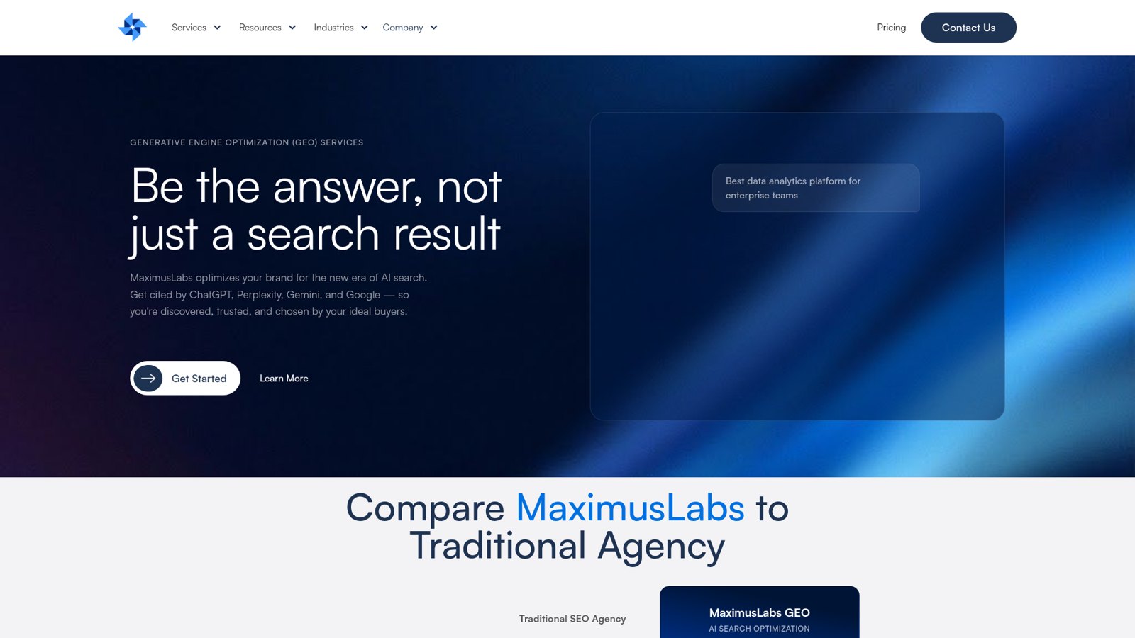 Screenshot of the MaximusLabs GEO services page reading “Be the answer, not just a search result”.