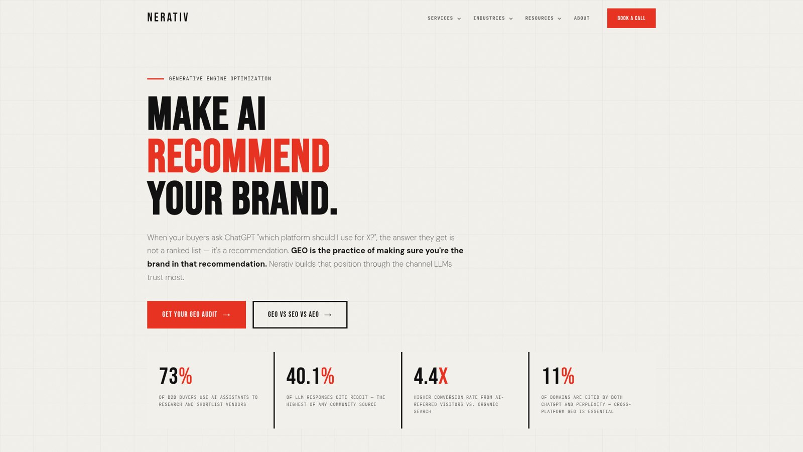 Screenshot of the Nerativ GEO page with the headline “Make AI recommend your brand” and statistics on B2B buyers using AI assistants.