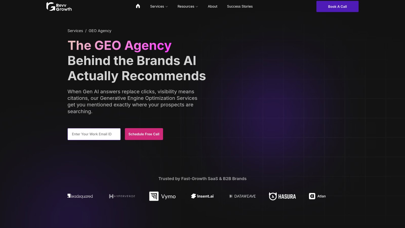 Screenshot of the RevvGrowth GEO agency page headed “The GEO Agency Behind the Brands AI Actually Recommends”.