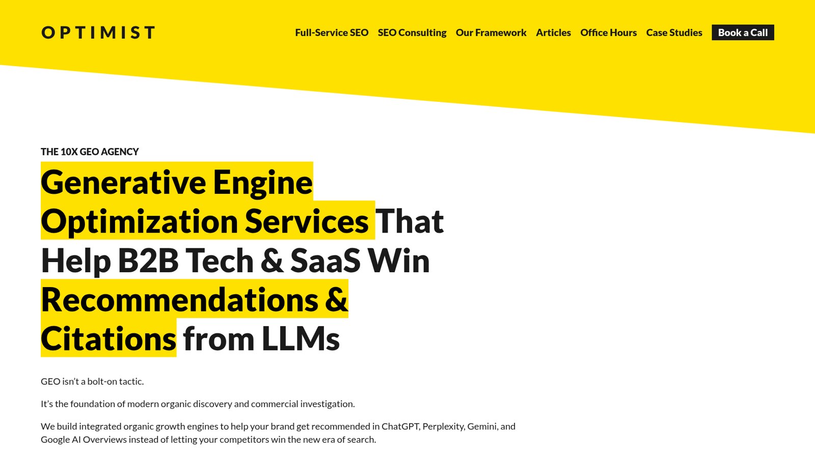 Screenshot of the Optimist GEO services page headed “Generative Engine Optimization Services That Help B2B Tech & SaaS Win Recommendations & Citations from LLMs”.