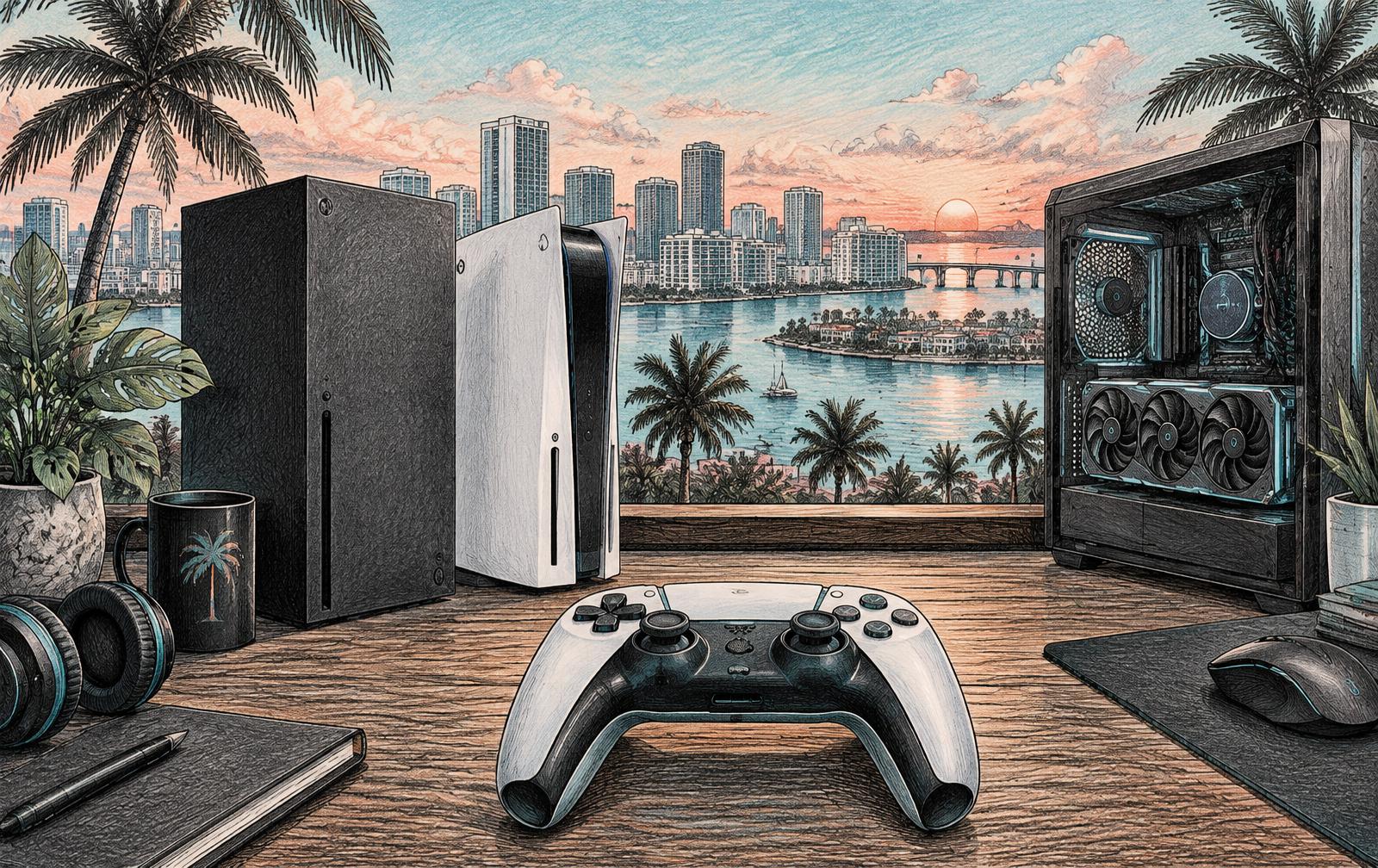 Original ink illustration of a controller, gaming consoles and a PC tower overlooking a tropical waterfront city.