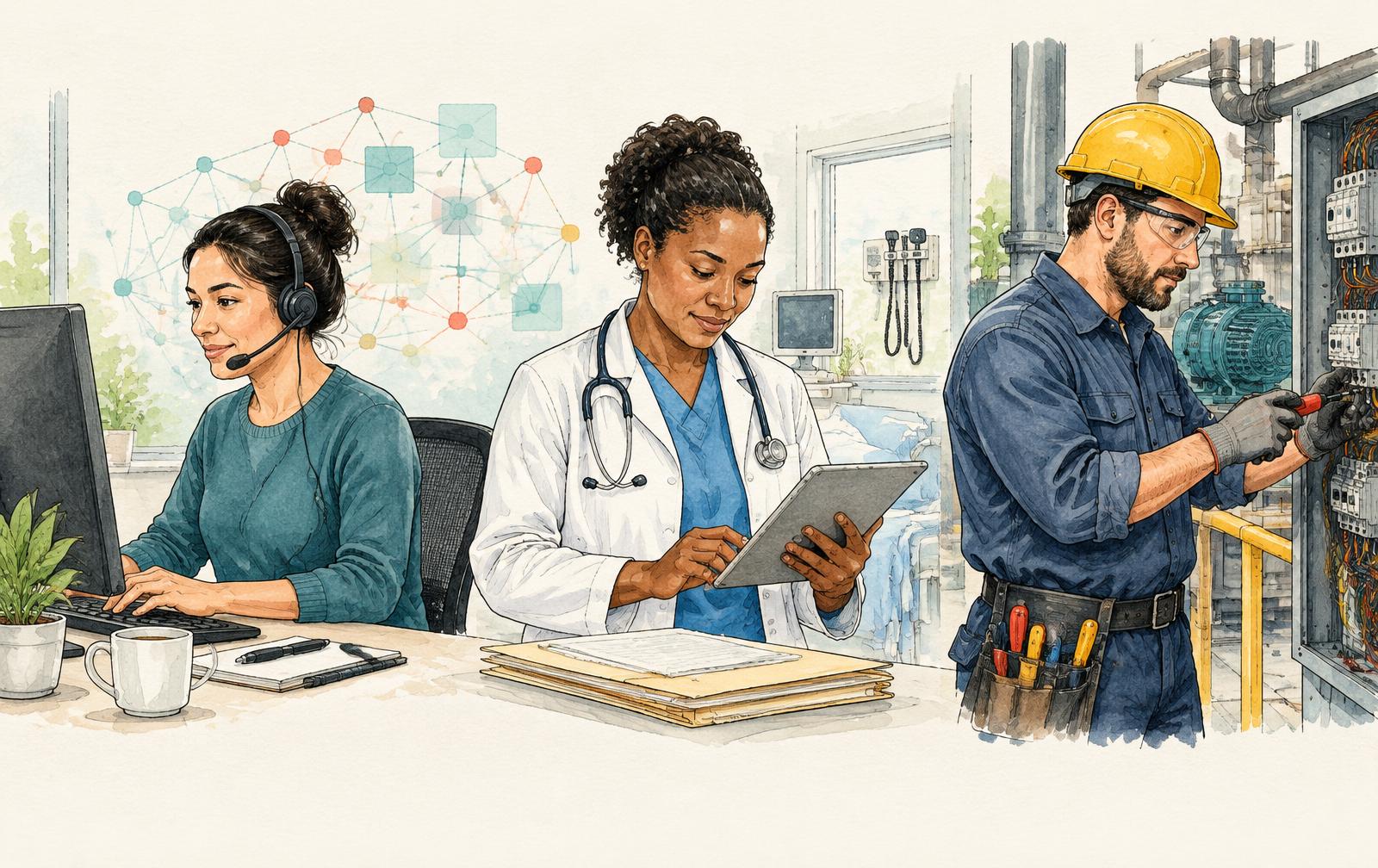 Original editorial illustration of a customer support representative, a healthcare professional and an electrician working with digital tools.