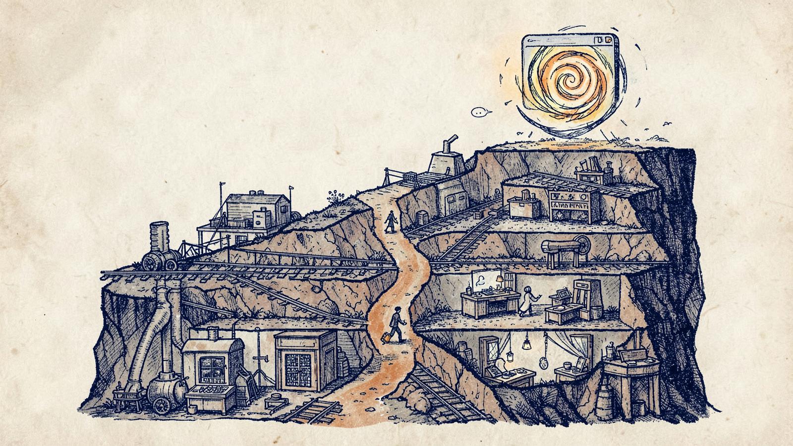 Editorial ink illustration of a ten-tier supply chain drawn as a geological cross-section, from a power plant and foundry at the base up through railroads and workshops to a glowing screen at the top, with a small figure walking a winding path through the middle.