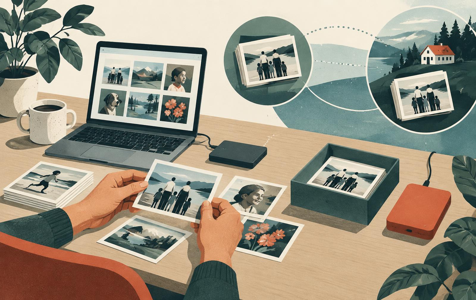 Editorial illustration of family photographs organized across a laptop, separate drives and an off-site collection.