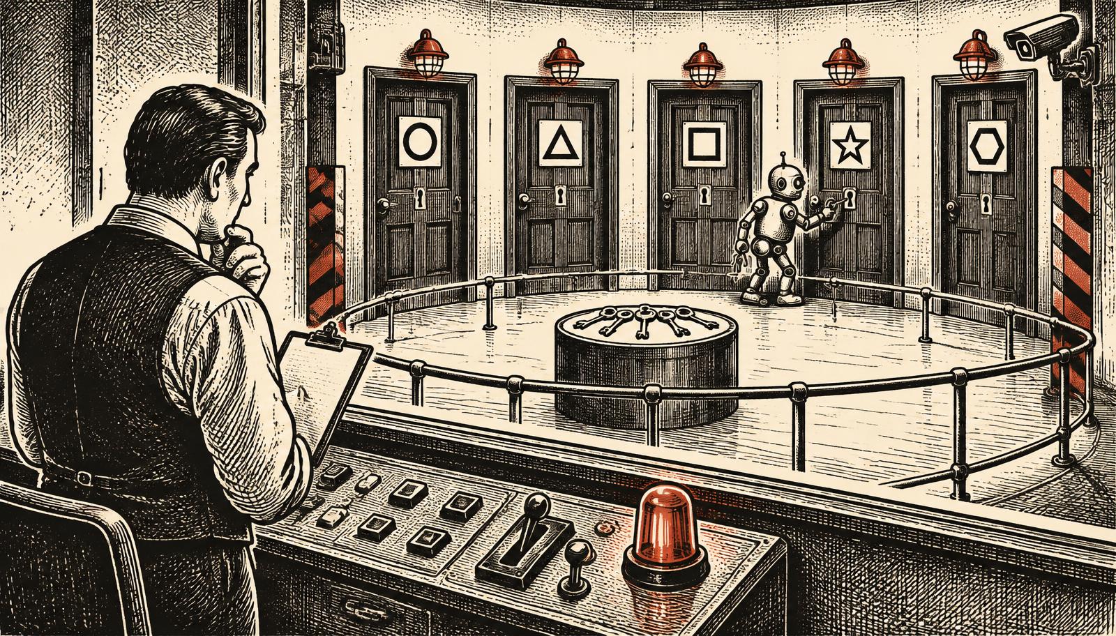 Editorial ink illustration of a person at a control panel watching a small mechanical agent try to turn keys in a room full of labeled doors, with guardrails, warning lights and an observation window.