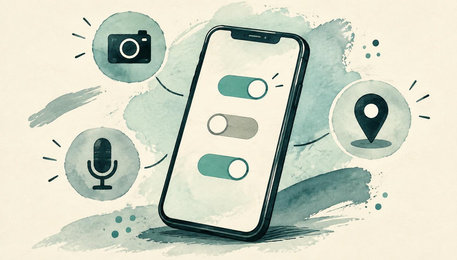 Editorial watercolor of a smartphone with toggle switches, surrounded by camera, microphone and location icons.