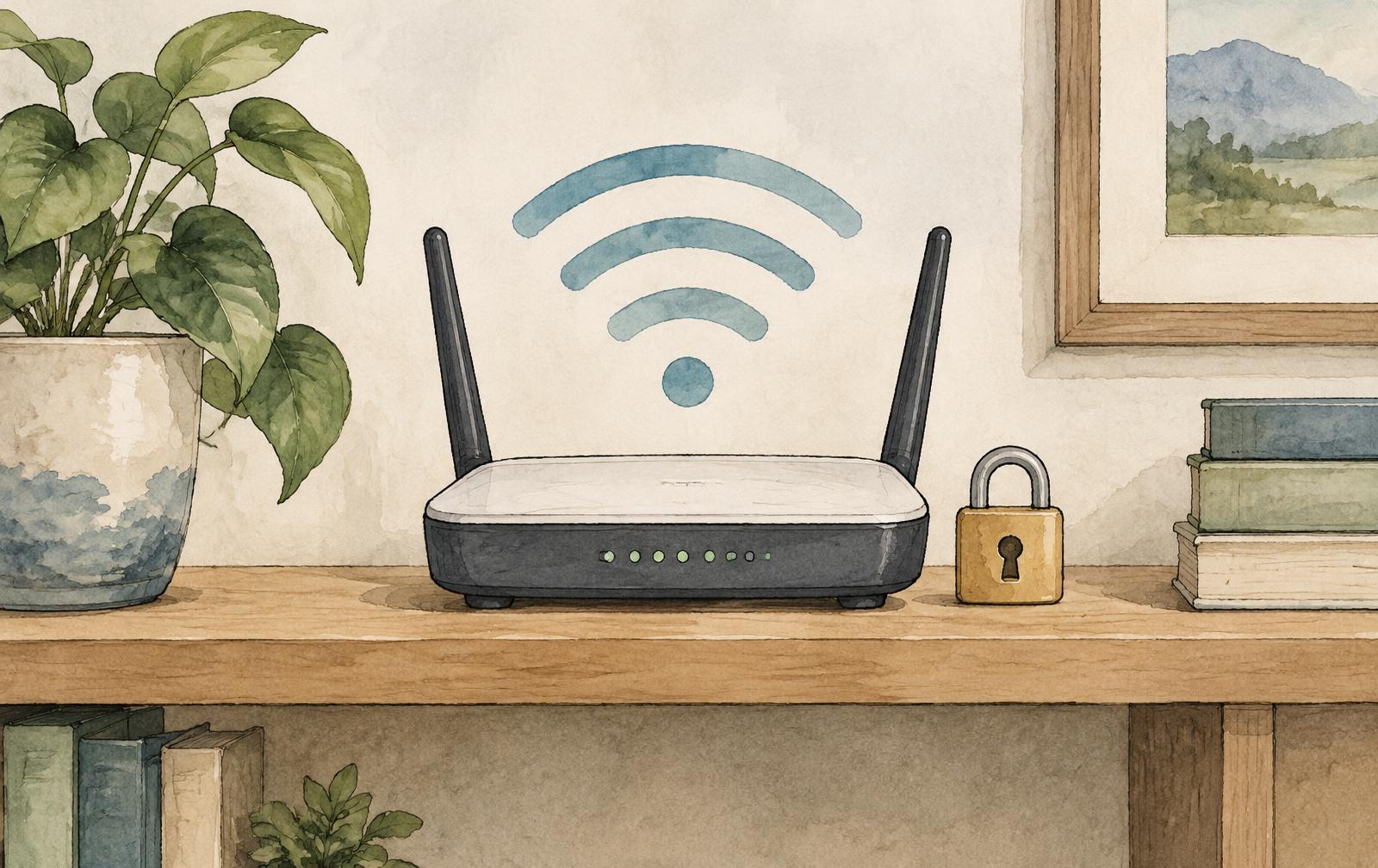 Editorial watercolor of a home Wi-Fi router on a wooden shelf beside a padlock, with signal arcs above it.