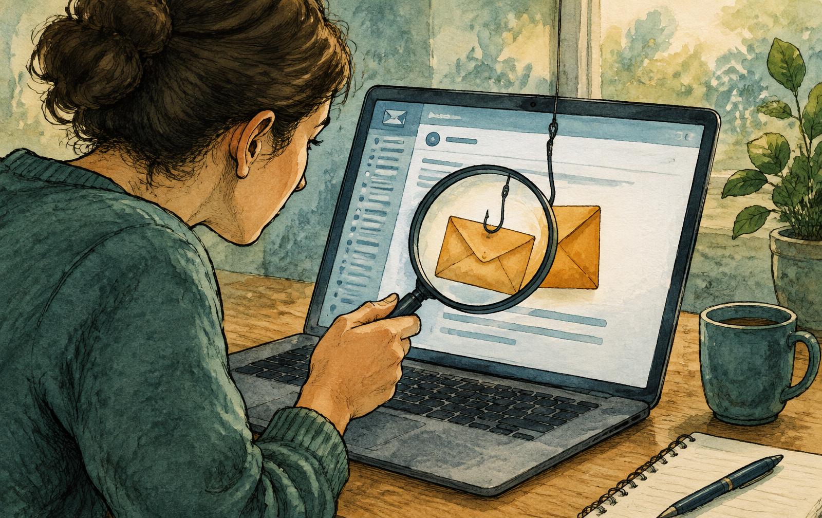 Editorial illustration of a person inspecting an email through a magnifying glass while a fishing hook hangs over an envelope.