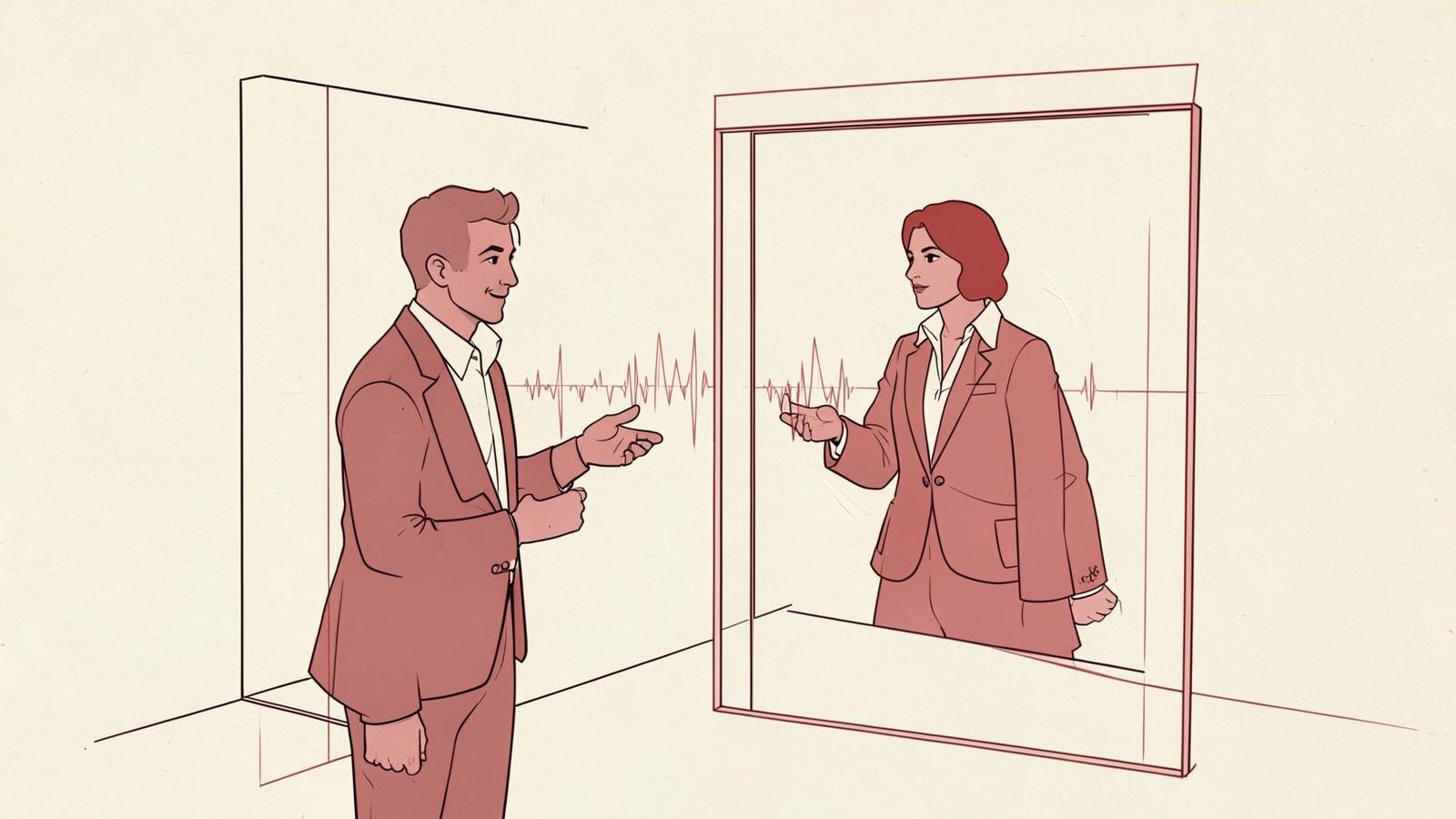 Editorial ink illustration of a sales representative rehearsing a pitch in front of a mirror, the confident reflection gesturing back, with a faint audio waveform between them.