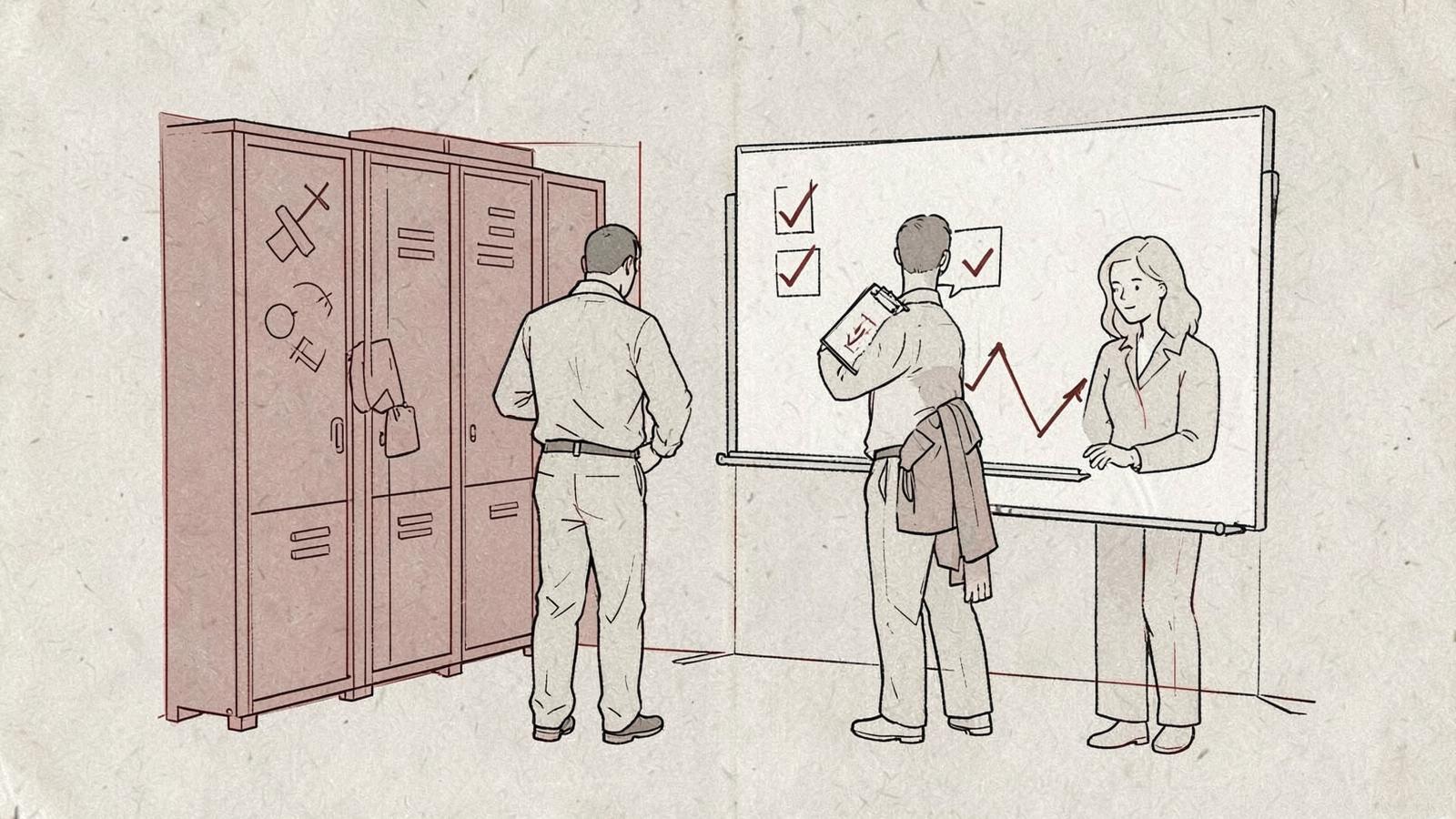 Editorial ink illustration of a coach at a whiteboard with checkmarks and a rising line, preparing sales reps beside a row of lockers.