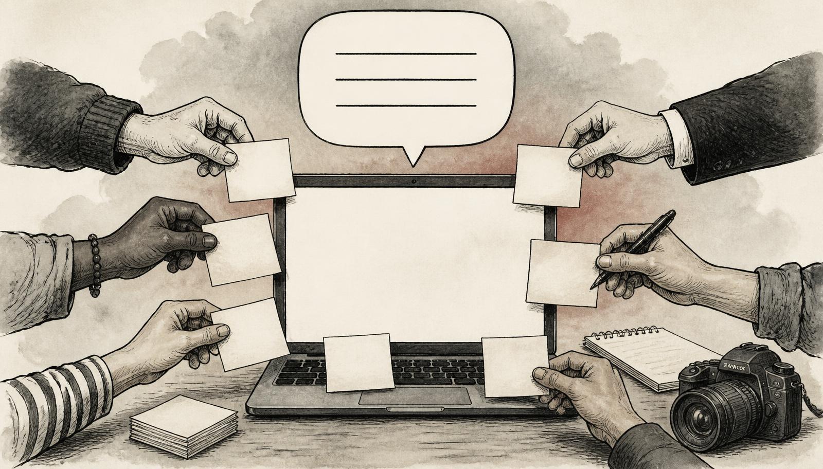 Editorial ink illustration of a laptop showing a blank page while several hands place notes around it and a speech bubble above holds three short lines, representing an AI answer assembled from many sources.