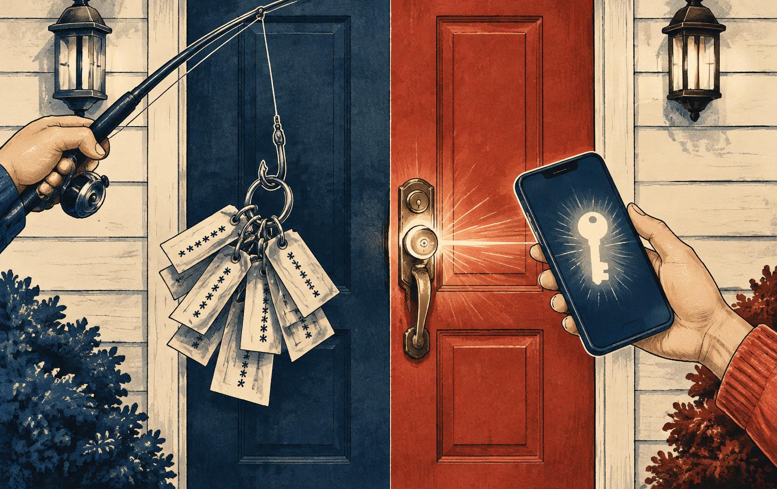 Editorial illustration of two front doors: on one, a keyring of paper password tags is caught by a fishing hook; on the other, a phone's glowing key unlocks the door.