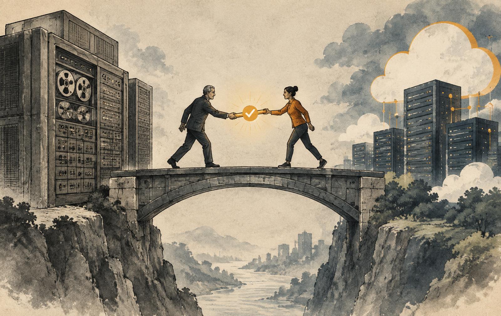 Ink illustration of two people on a stone bridge between an old mainframe and a modern cloud skyline, passing a baton marked with a checkmark.