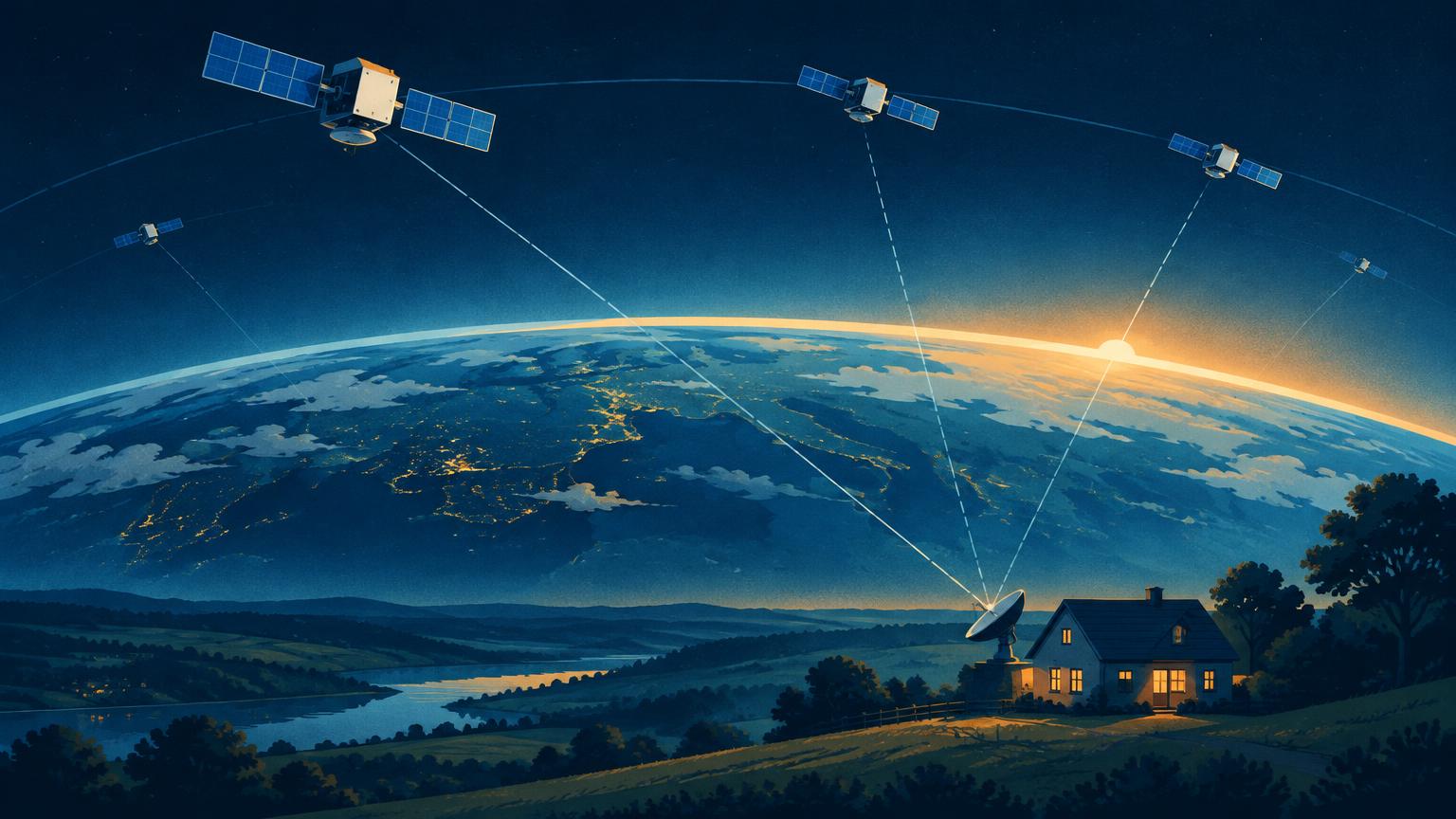 Illustration of small satellites in low Earth orbit beaming signals down to a dish antenna on a rural house at dawn.