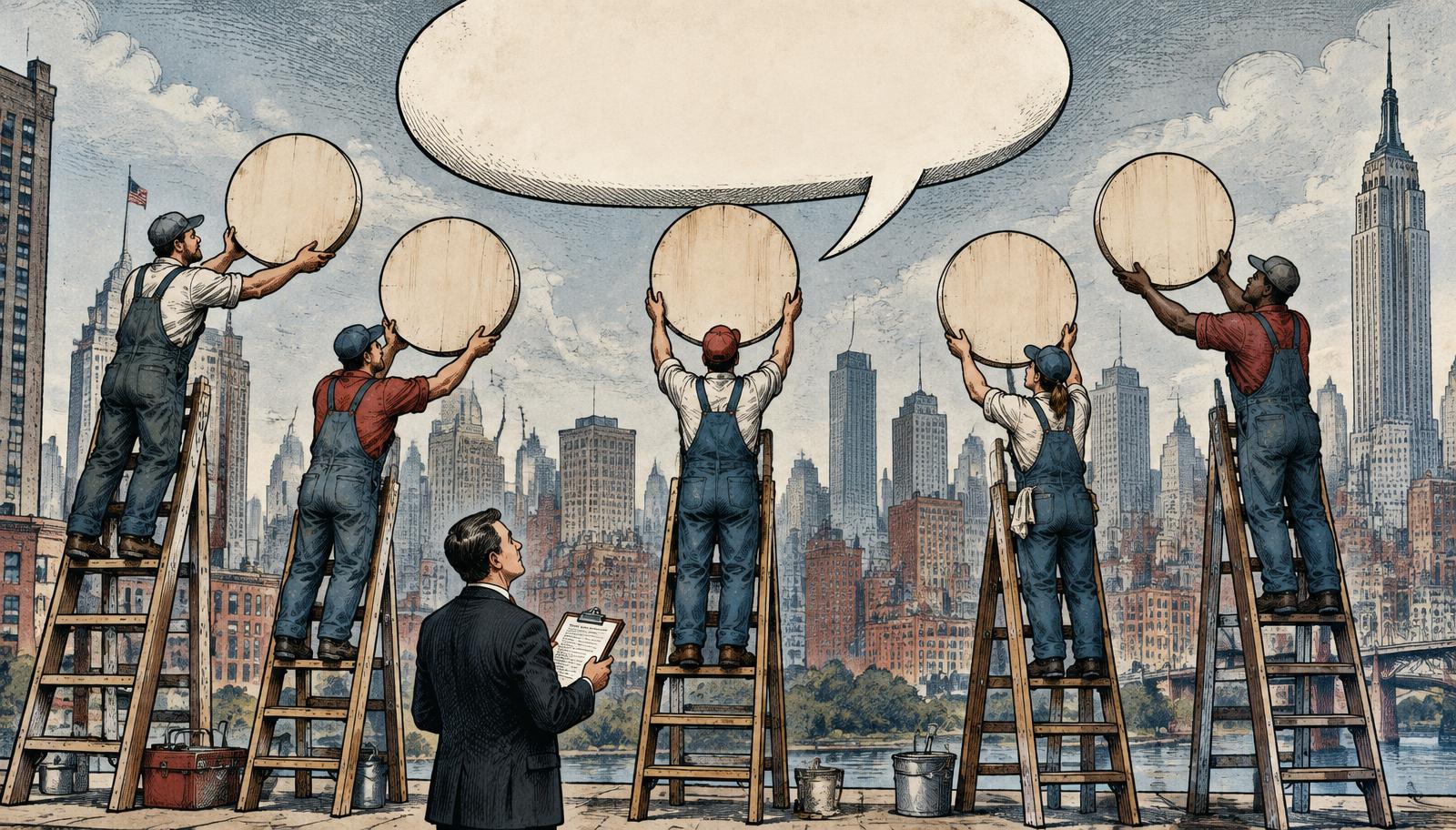 Editorial ink illustration of five signwriters on ladders raising blank round signs toward a large empty speech bubble above an American city skyline, watched by a buyer holding a clipboard.