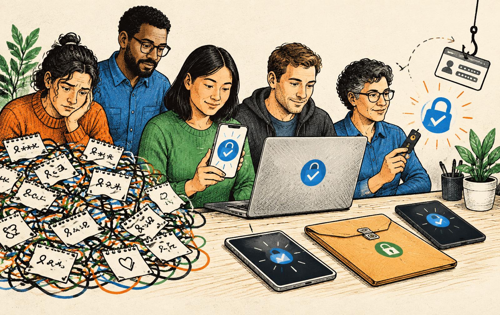 Editorial illustration of people replacing a tangled pile of passwords with passkey access on a phone, laptop and security key while a phishing hook fails overhead.
