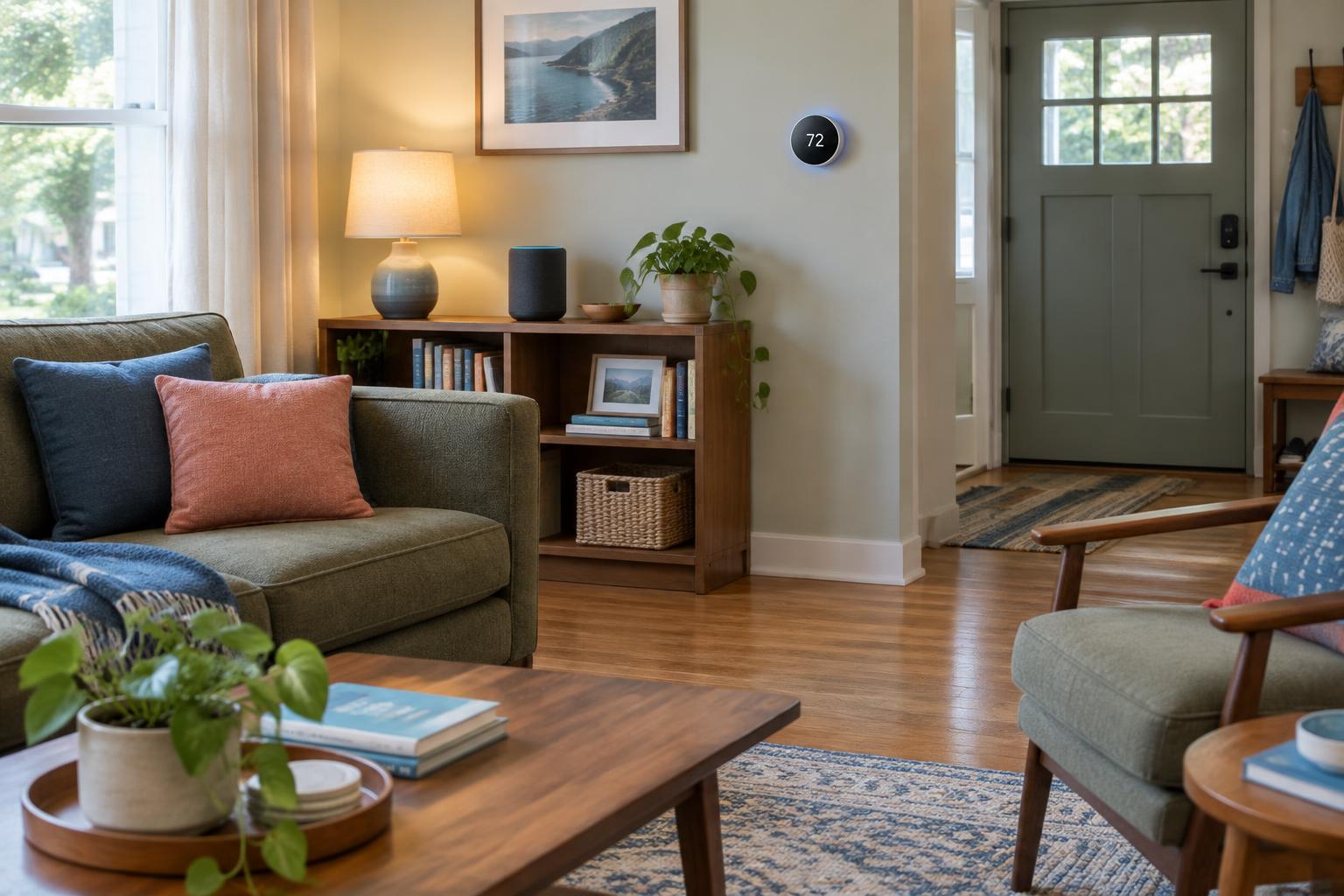 Illustrative living room with a connected thermostat, smart speaker, lamp and electronic door lock.