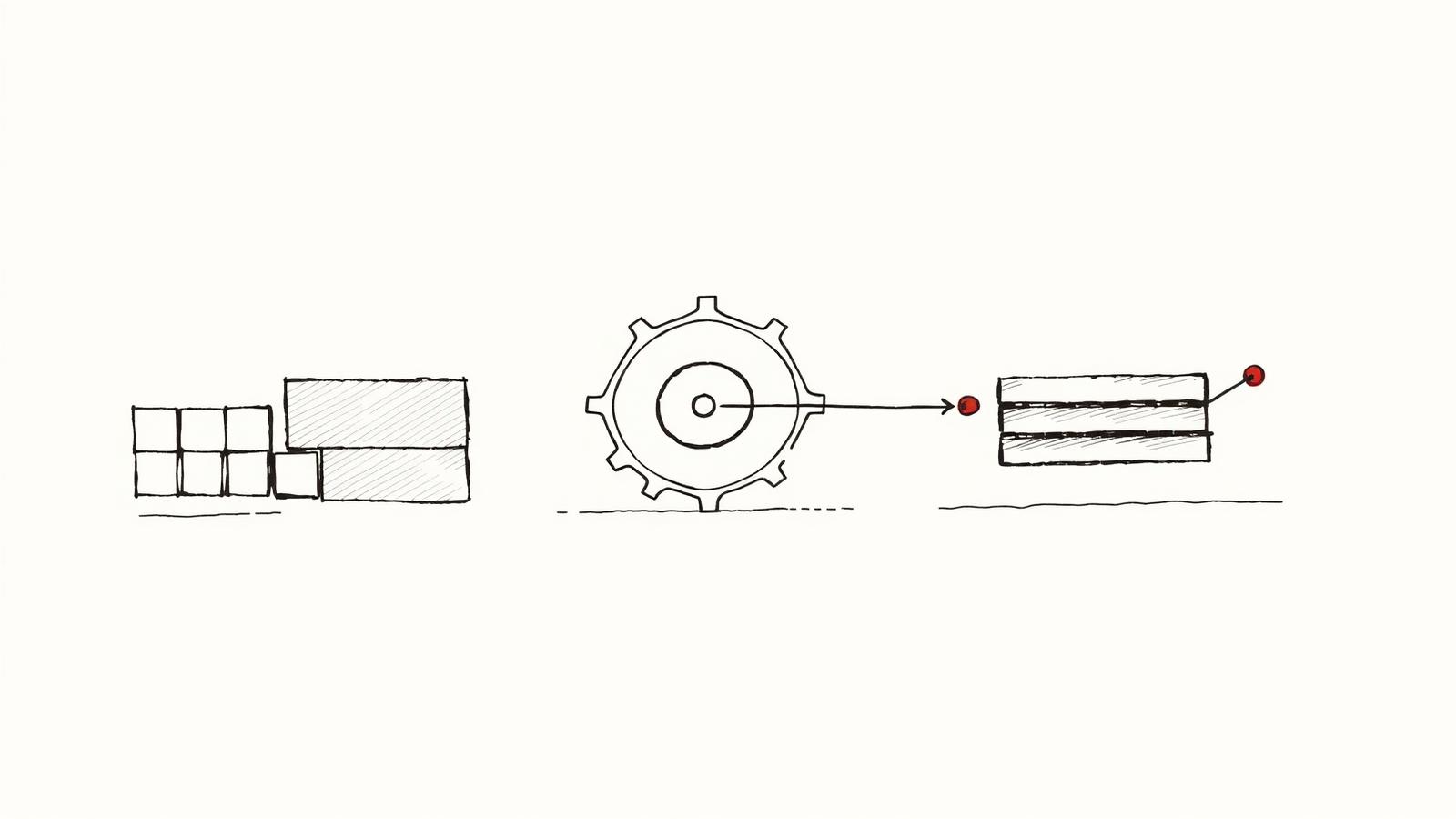 Editorial ink diagram of strategy framework shapes: a decision cascade of boxes, a gear with an arrow through it, and a layered supply chain, with a restrained red accent.