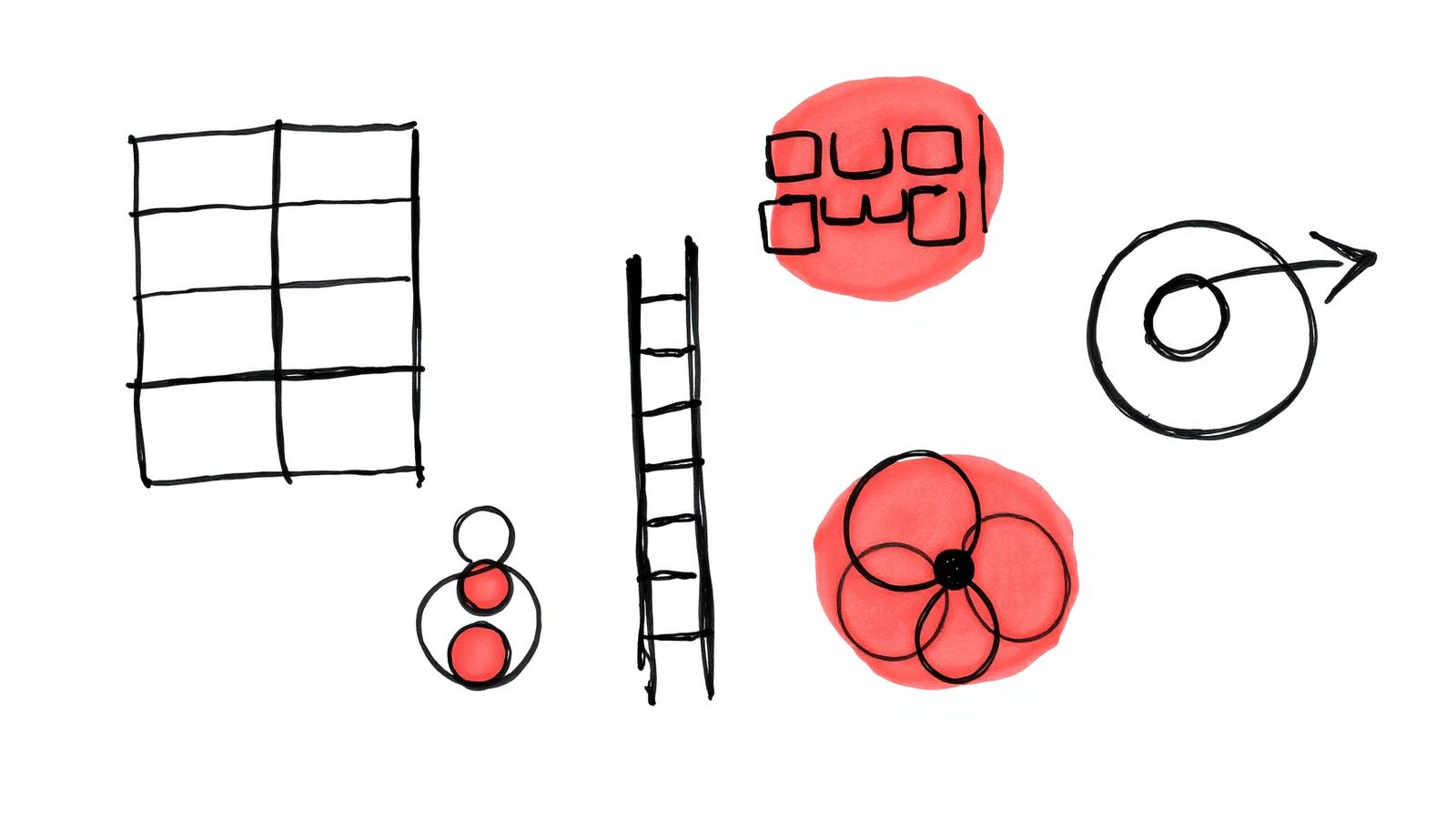 Editorial ink diagram of seven strategy framework shapes: a matrix grid, a stack of boxes, overlapping circles, a ladder, a hub-and-spoke and a feedback loop, with a restrained red accent.