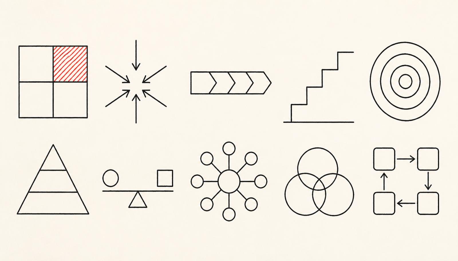 Ink diagram of ten abstract strategy framework shapes: a two-by-two matrix, converging arrows, a value chain, a staircase, concentric rings, a pyramid, a balance, a hub and spoke, overlapping circles and a feedback loop.