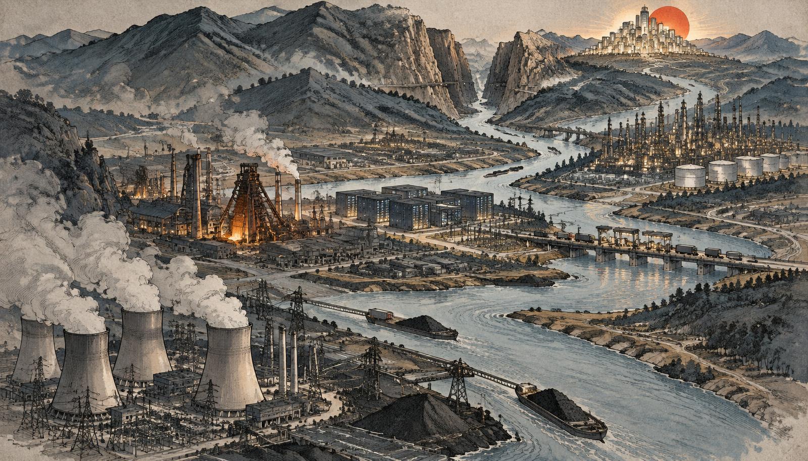 Editorial ink illustration of an industrial river valley: power stations and foundries downstream, data halls and refineries midstream, the water narrowing through a single canyon pass before opening onto a small glowing city of screens on a hill.