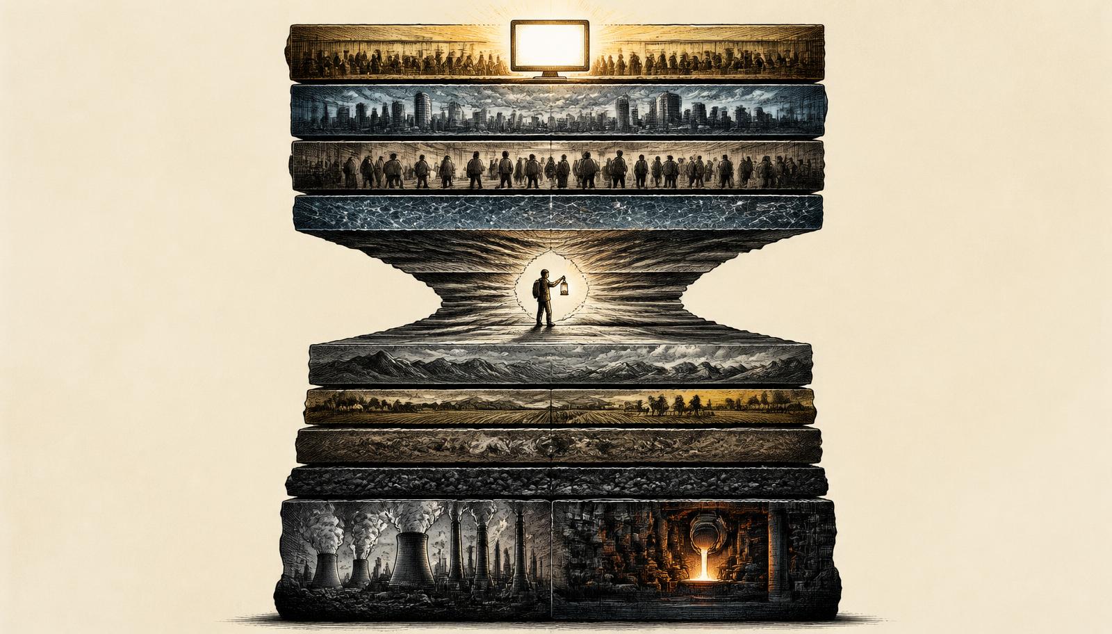 Editorial ink illustration of ten stacked geological strata rising from a power plant and foundry to a glowing screen, pinched into a narrow bottleneck in the middle where a small figure stands with a lantern.