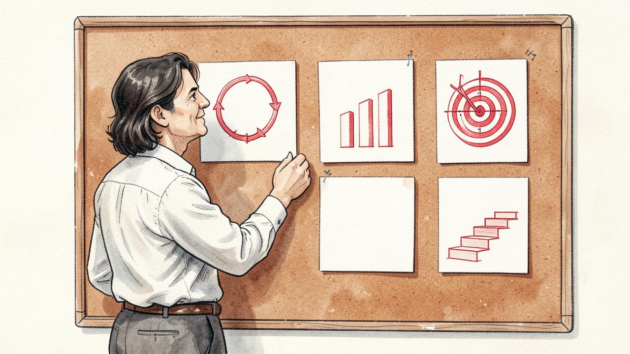 Editorial ink illustration of a sales leader pinning simple diagram cards — a loop, rising bars, a target and a staircase — onto a corkboard.