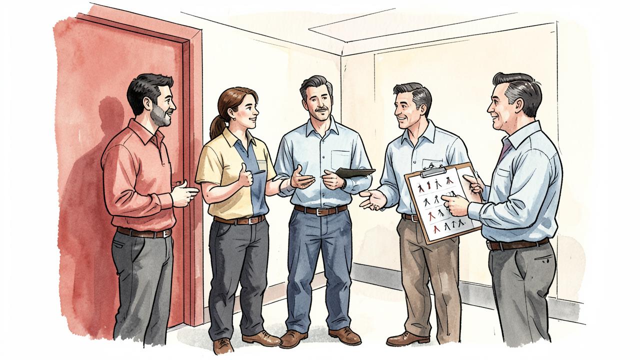 Editorial ink illustration of five field salespeople rehearsing doorstep conversations in a training room while a coach holds a clipboard with seven stage marks.